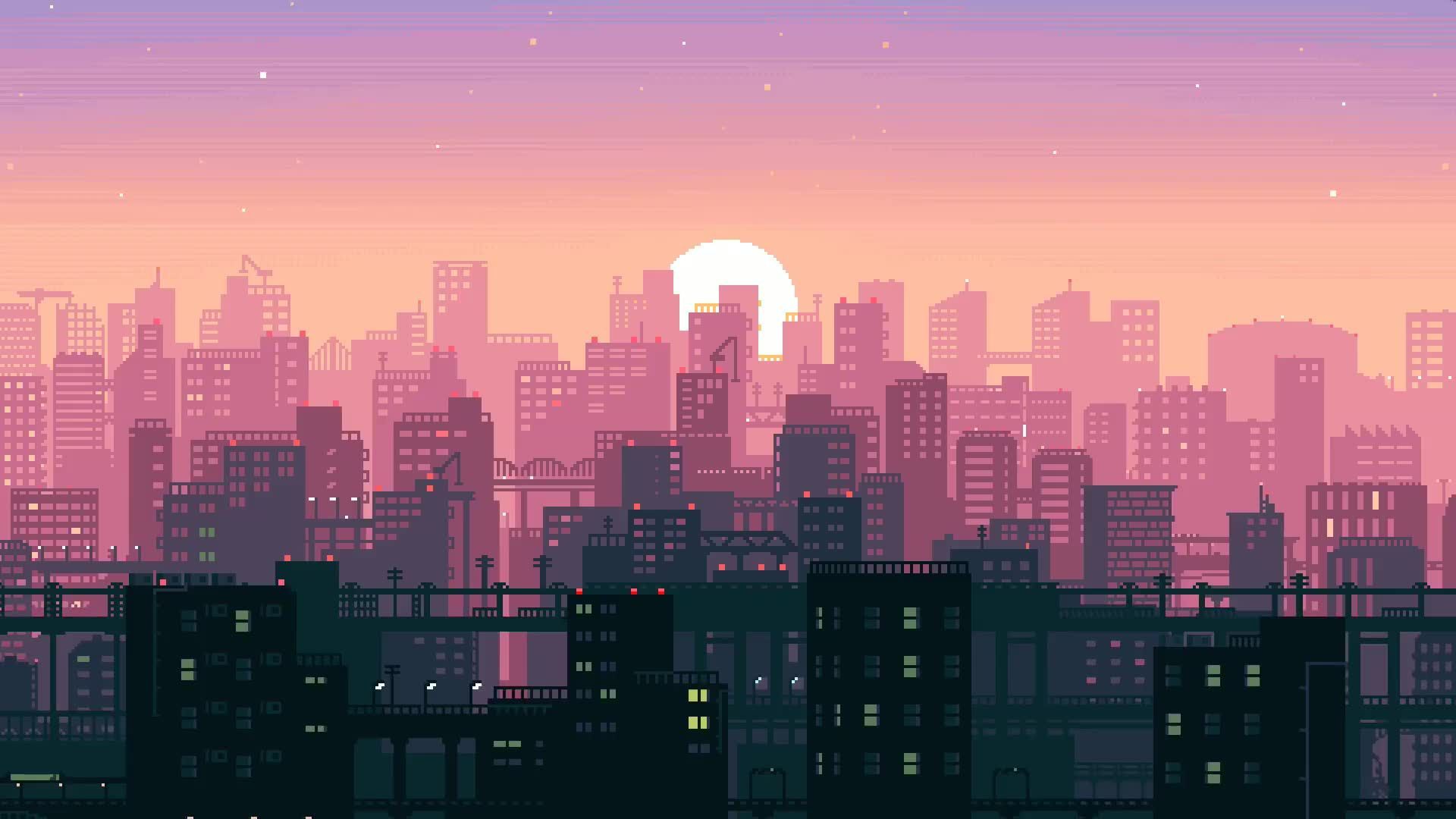 Città pixel art tramonto rosa, 1920x1080 Full HD, PC Desktop