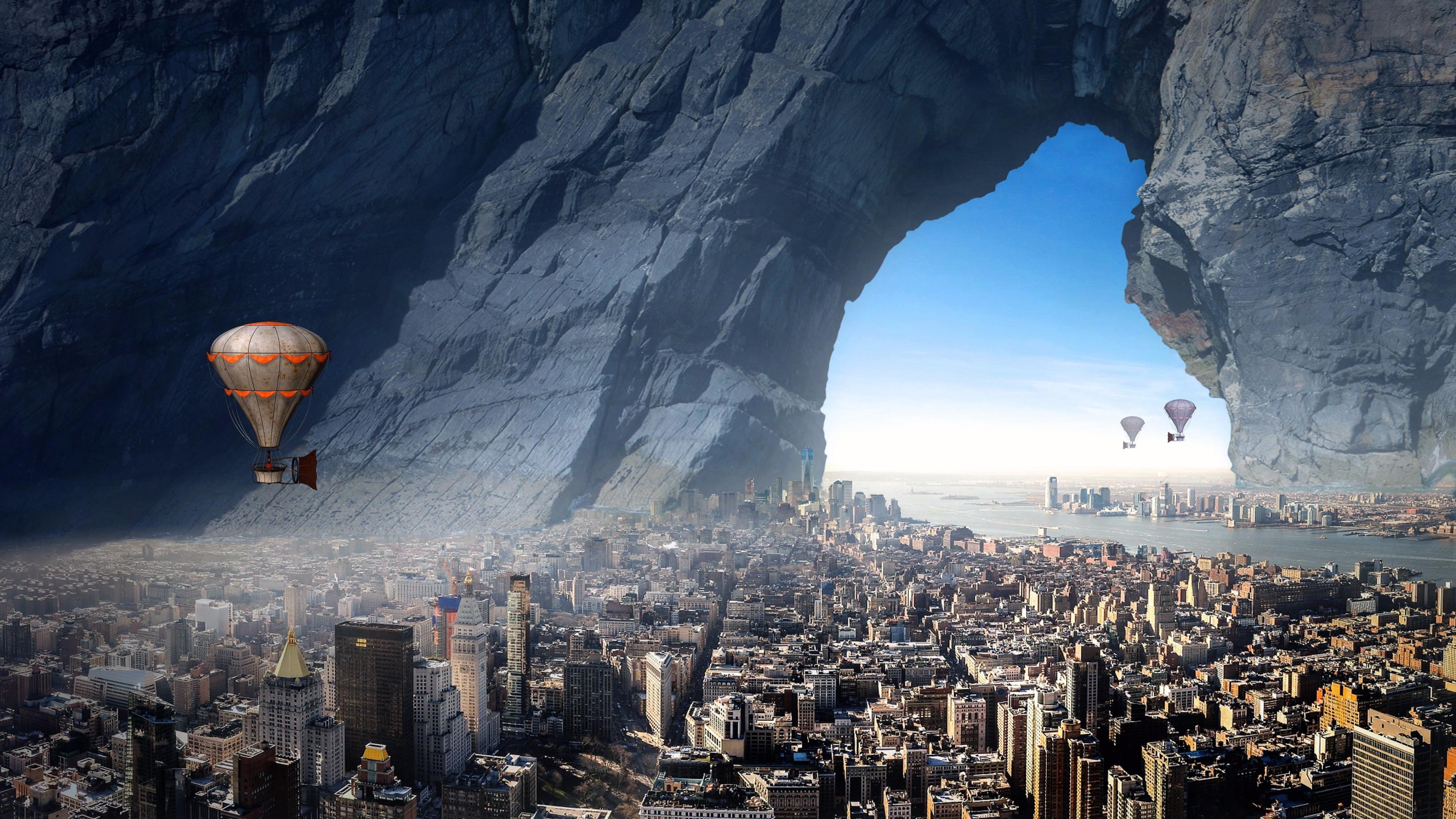 Città sotto arco roccioso, mongolfiere, 3840x2160 Ultra HD, Monitor 4K