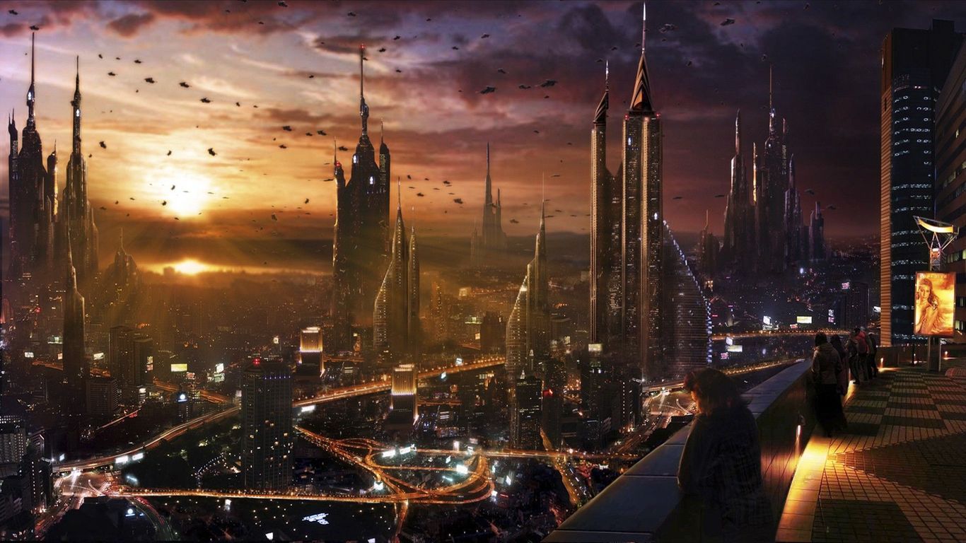 Città aliena futuristica al tramonto, 1366x768 HD, Desktop