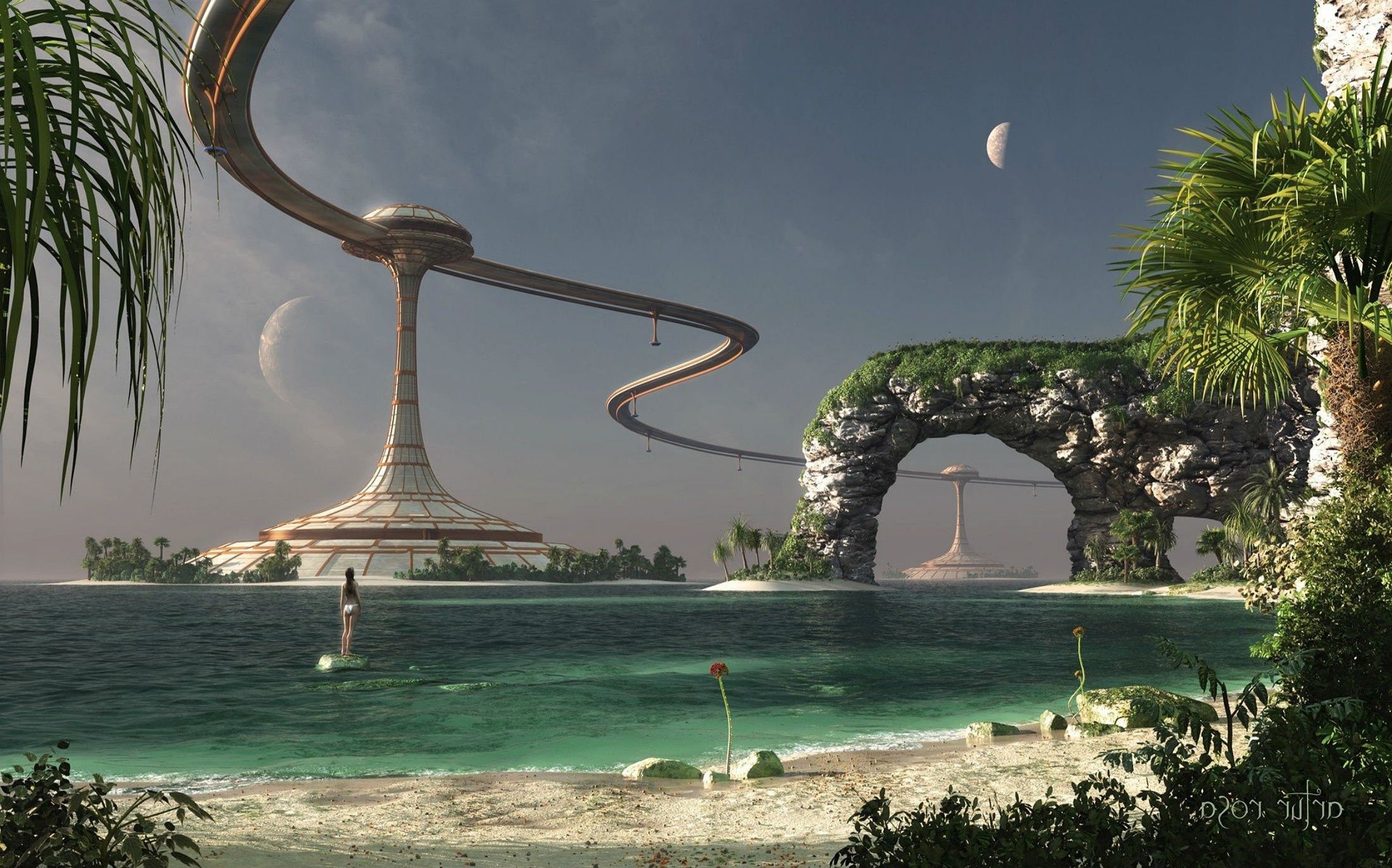 Città aliena con struttura futuristica costiera, 2200x1373 alta risoluzione, Laptop