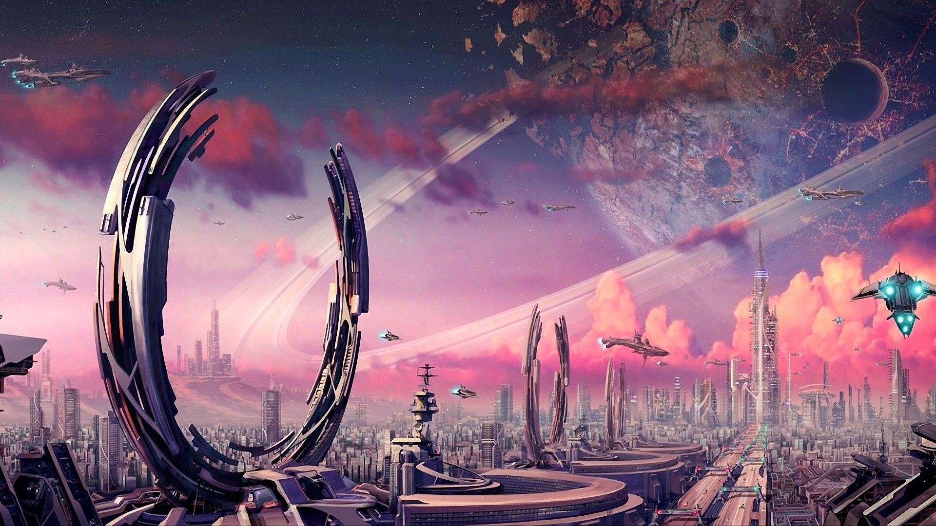Città aliena futuristica con anelli, 1920x1080 Full HD 1080p, Laptop