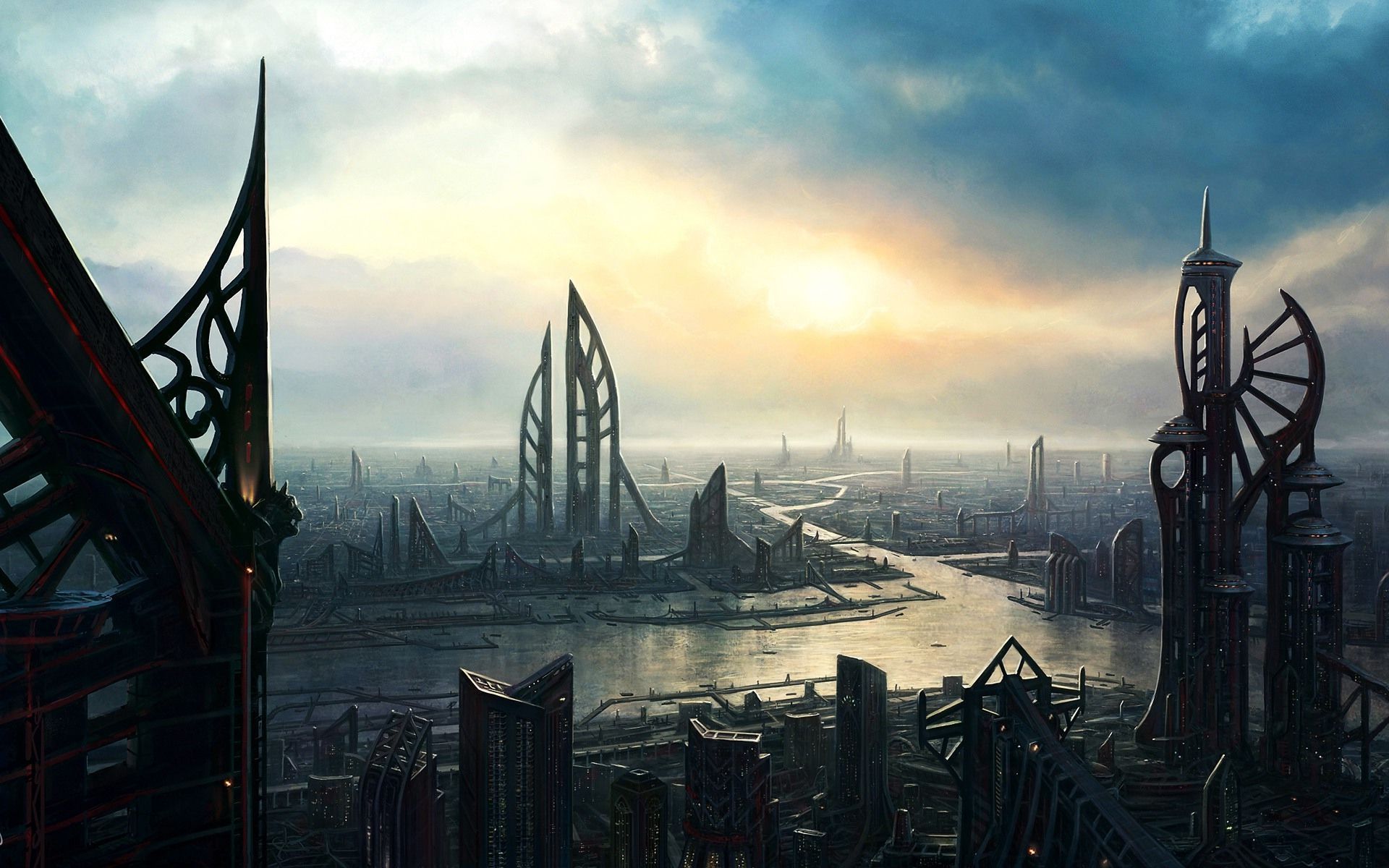 Città aliena futuristica al tramonto, 1920x1200 Full HD+, Laptop