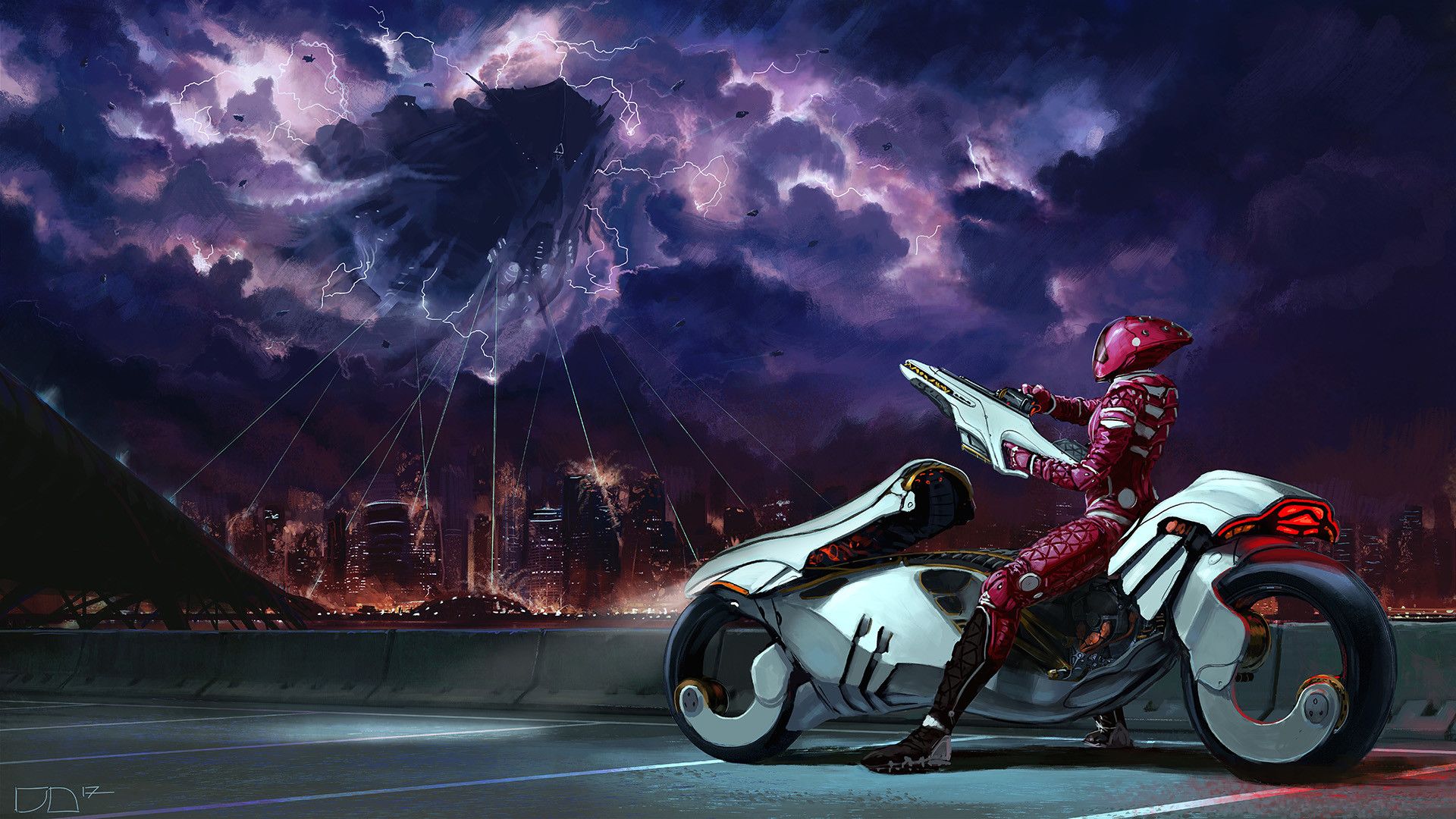 Guerriero su moto futuristica città aliena, 1920x1080 1080p, Desktop