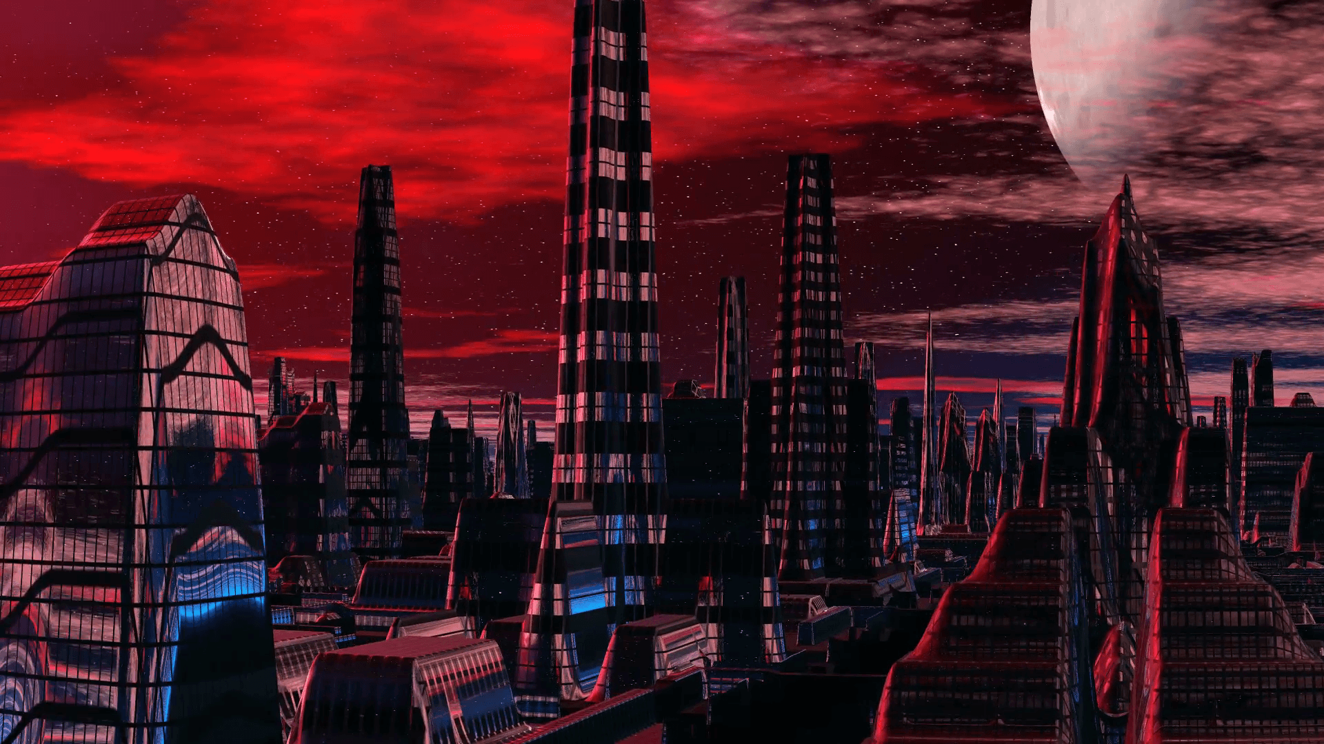 Città aliena con pianeta rosso, 1920x1080 Full HD 1080p, PC Desktop