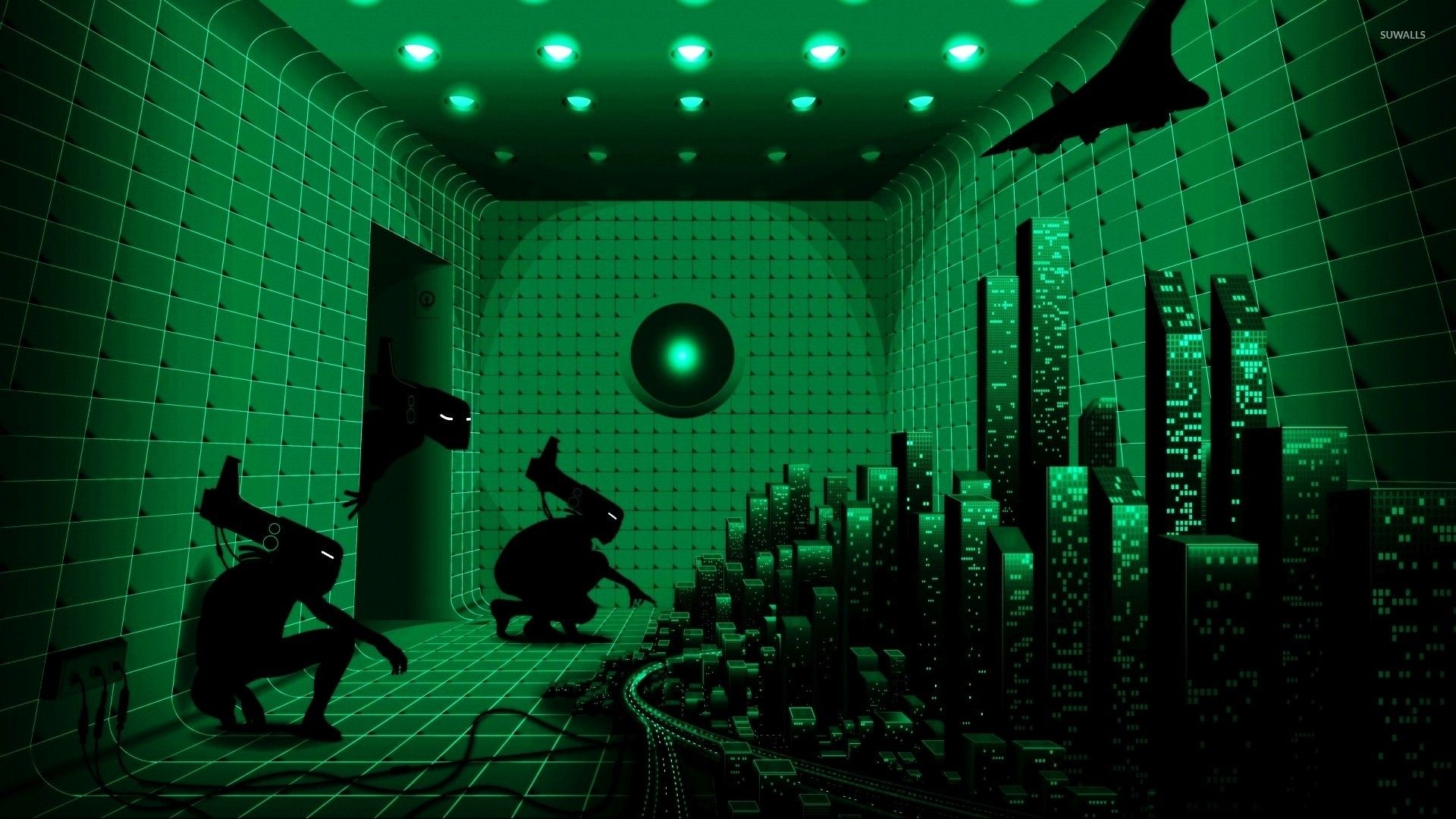 Corridoio alieno verde con sagome, 1920x1080 Full HD 1080p, PC