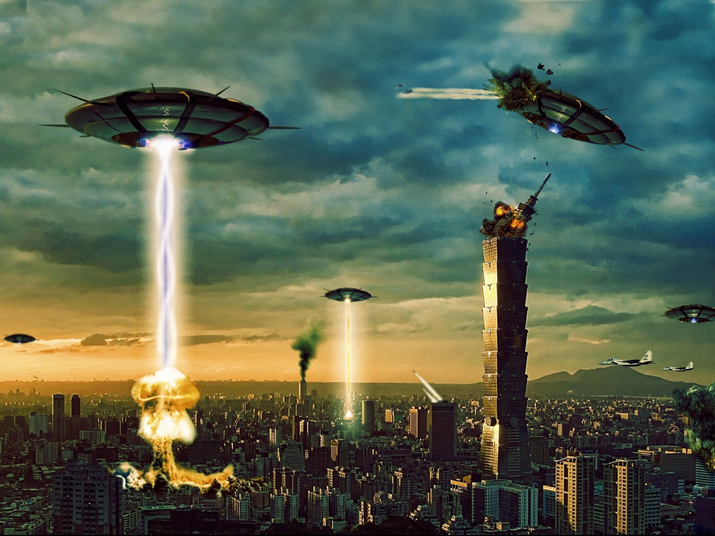UFO alieni sopra città, 2509x1882 2K, Desktop