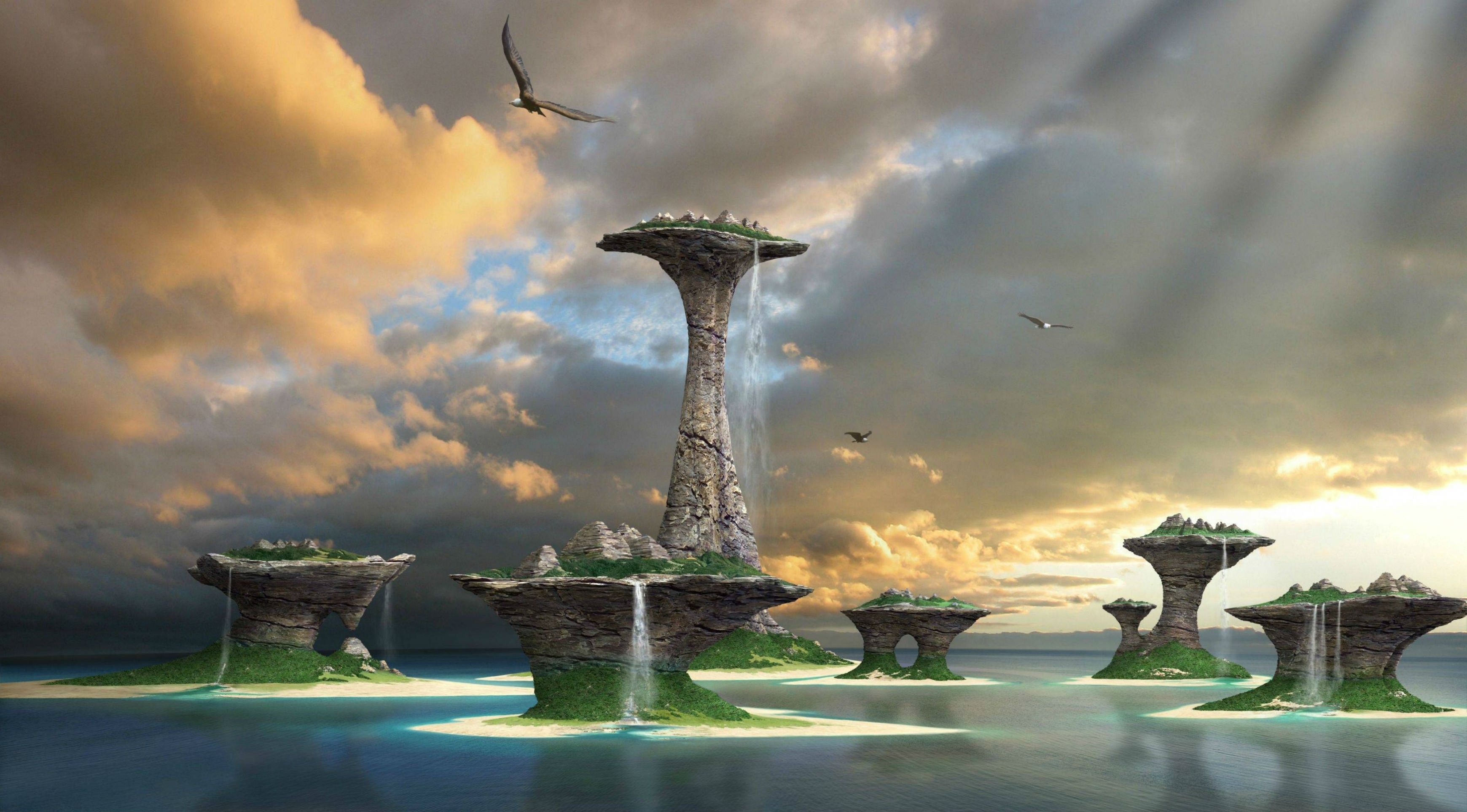Città aliena su isole galleggianti, 3480x1927 2K, Monitor Gaming