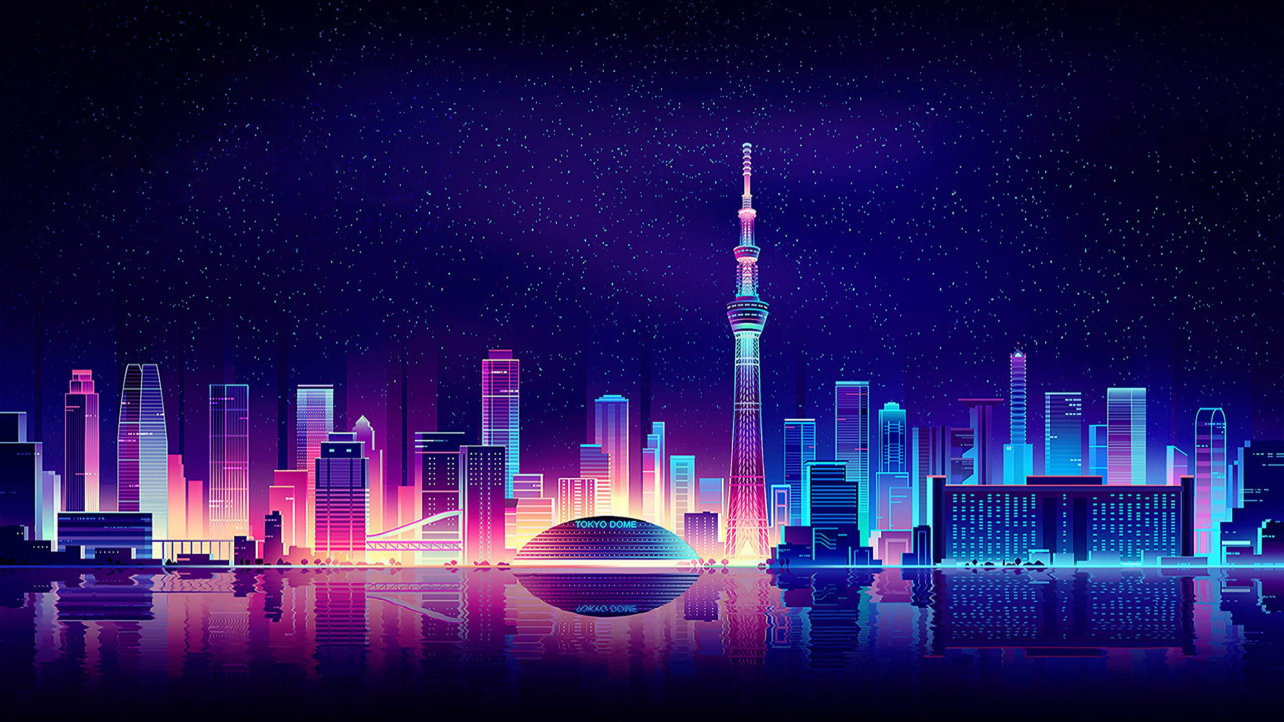 Skyline città al neon notturno, 2560x1440 2K QHD, Monitor Gaming