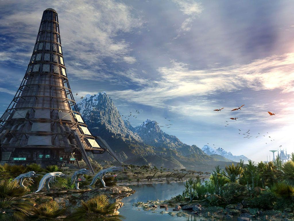 Città aliena con torre e creature, 1024x768 HD, iMac
