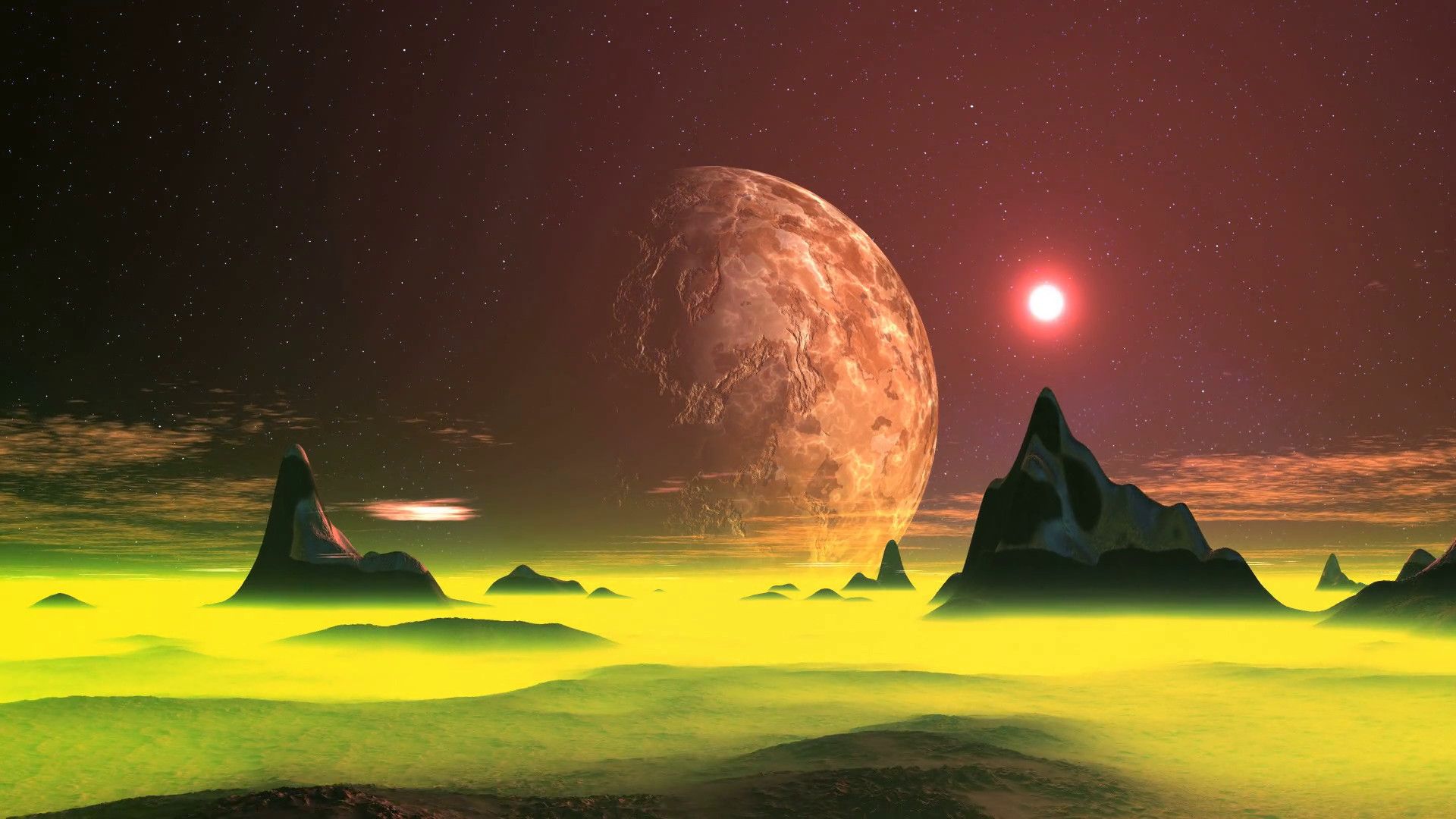 Paesaggio alieno con pianeta e sole rosso, 1920x1080 Full HD 1080p, Desktop