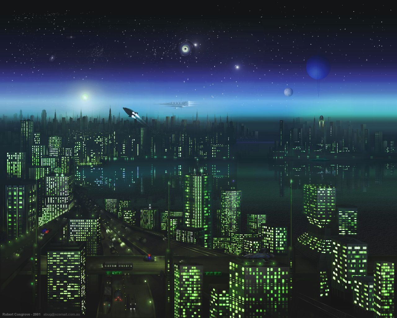 Città aliena notturna con astronave, 1280x1024 720p, Lenovo Legion