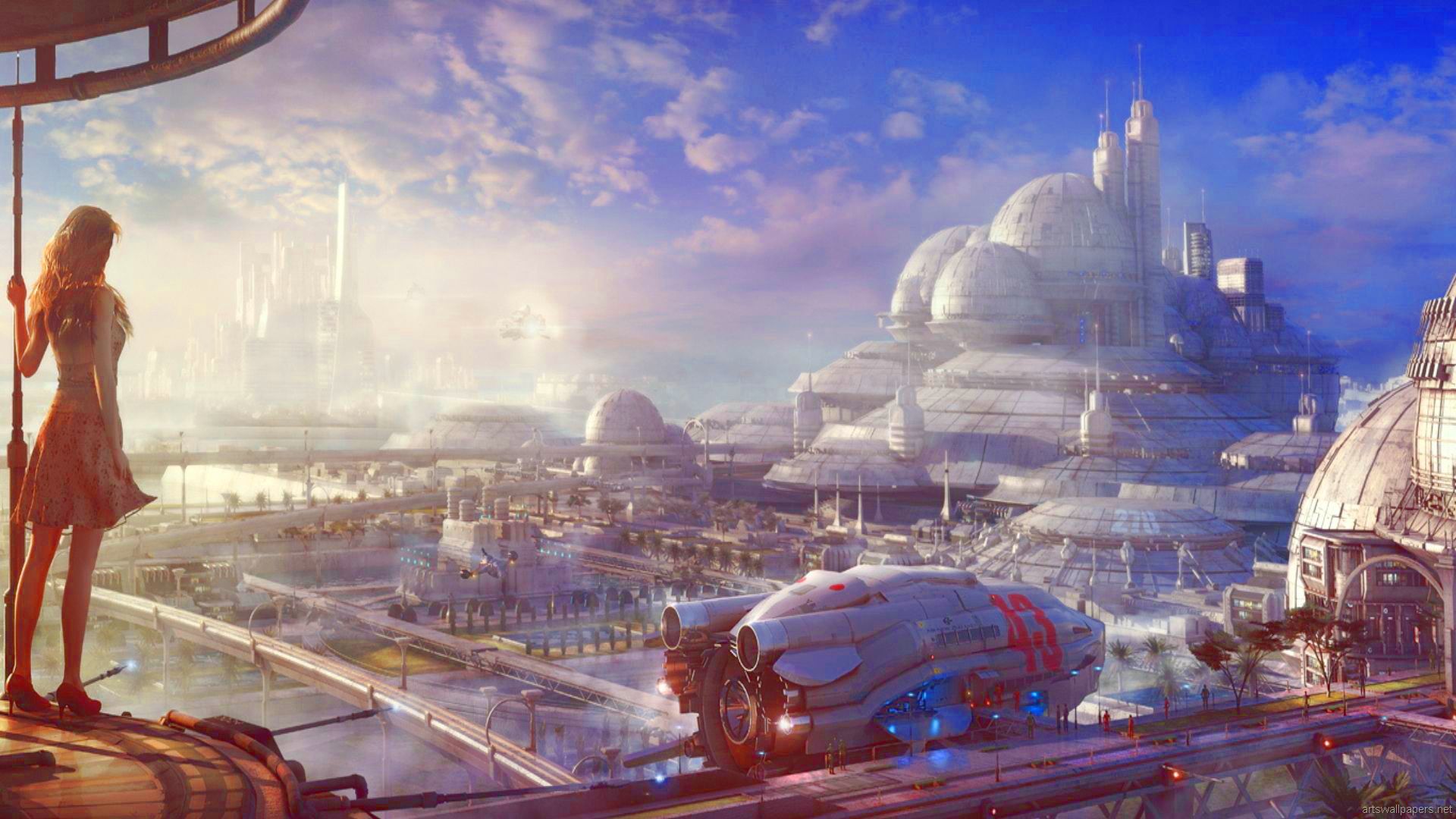 Città aliena futuristica con astronave, 1920x1080 1080p, Laptop