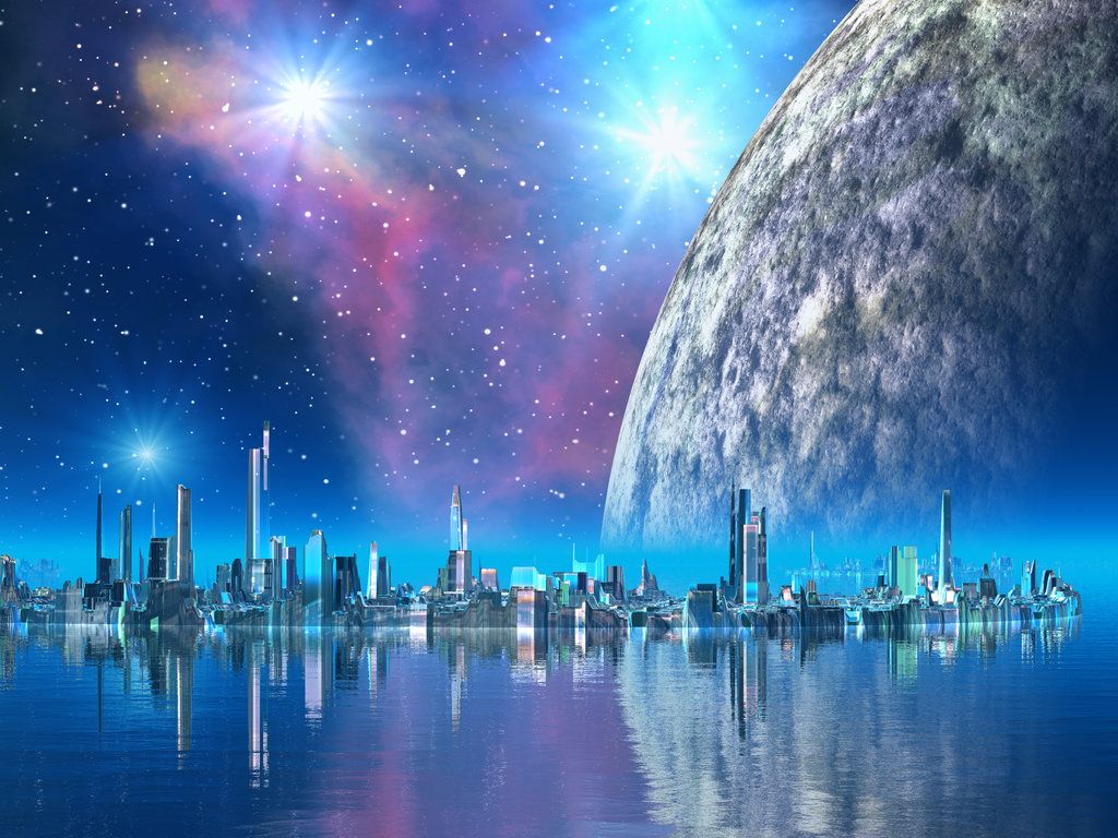 Città aliena con pianeta gigante, 1024x768 HD, Desktop
