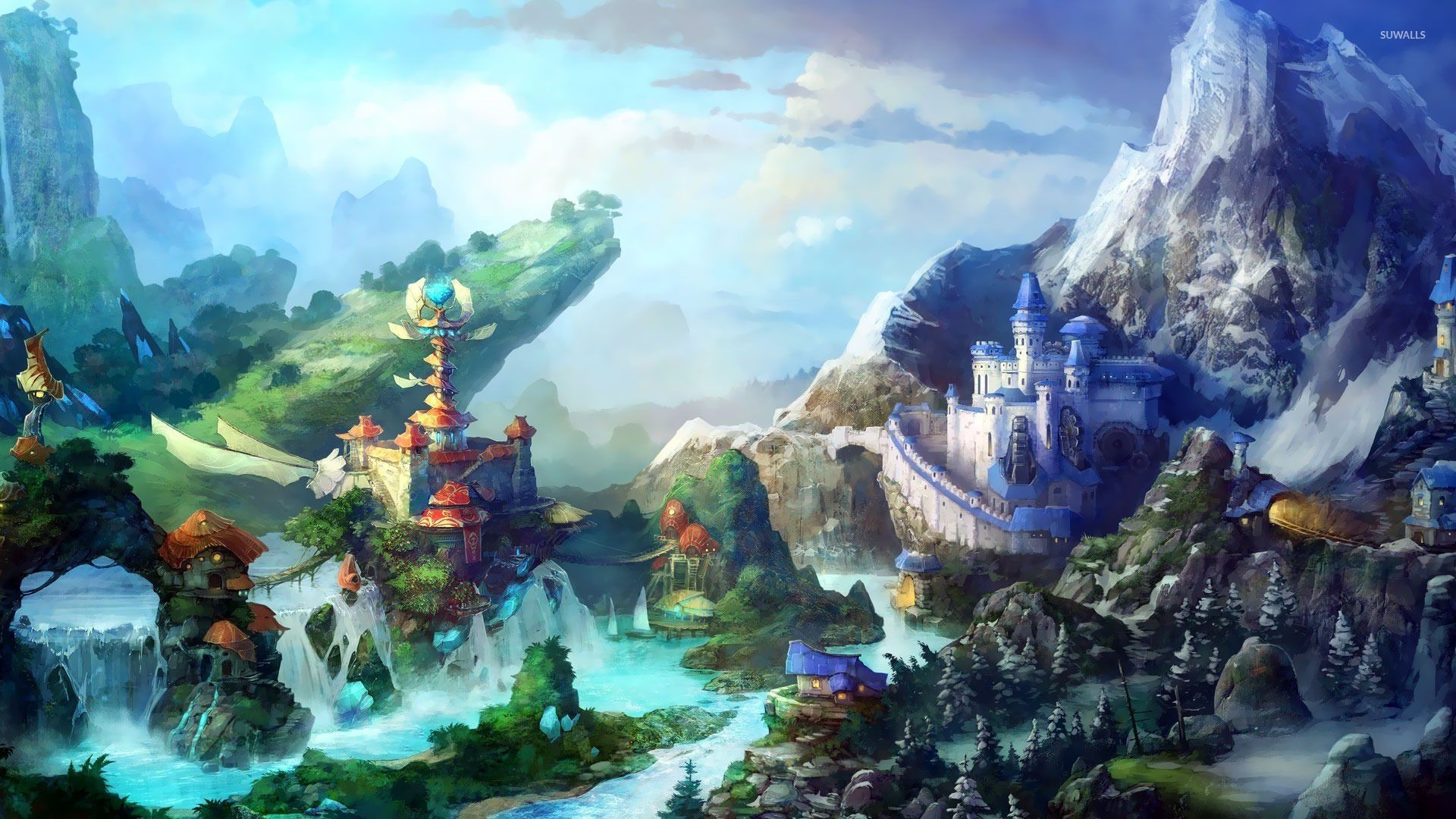 Città fantasy con cascate, 1920x1080 Full HD 1080p, Desktop