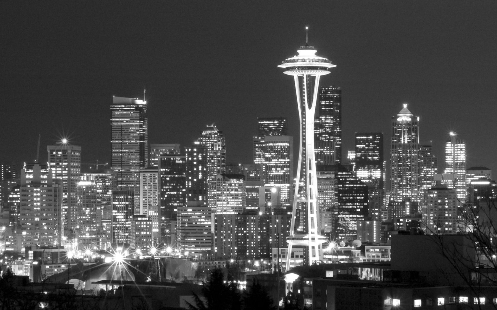 Skyline Seattle notturno bianco nero, 1680x1050 HD Ready, PC