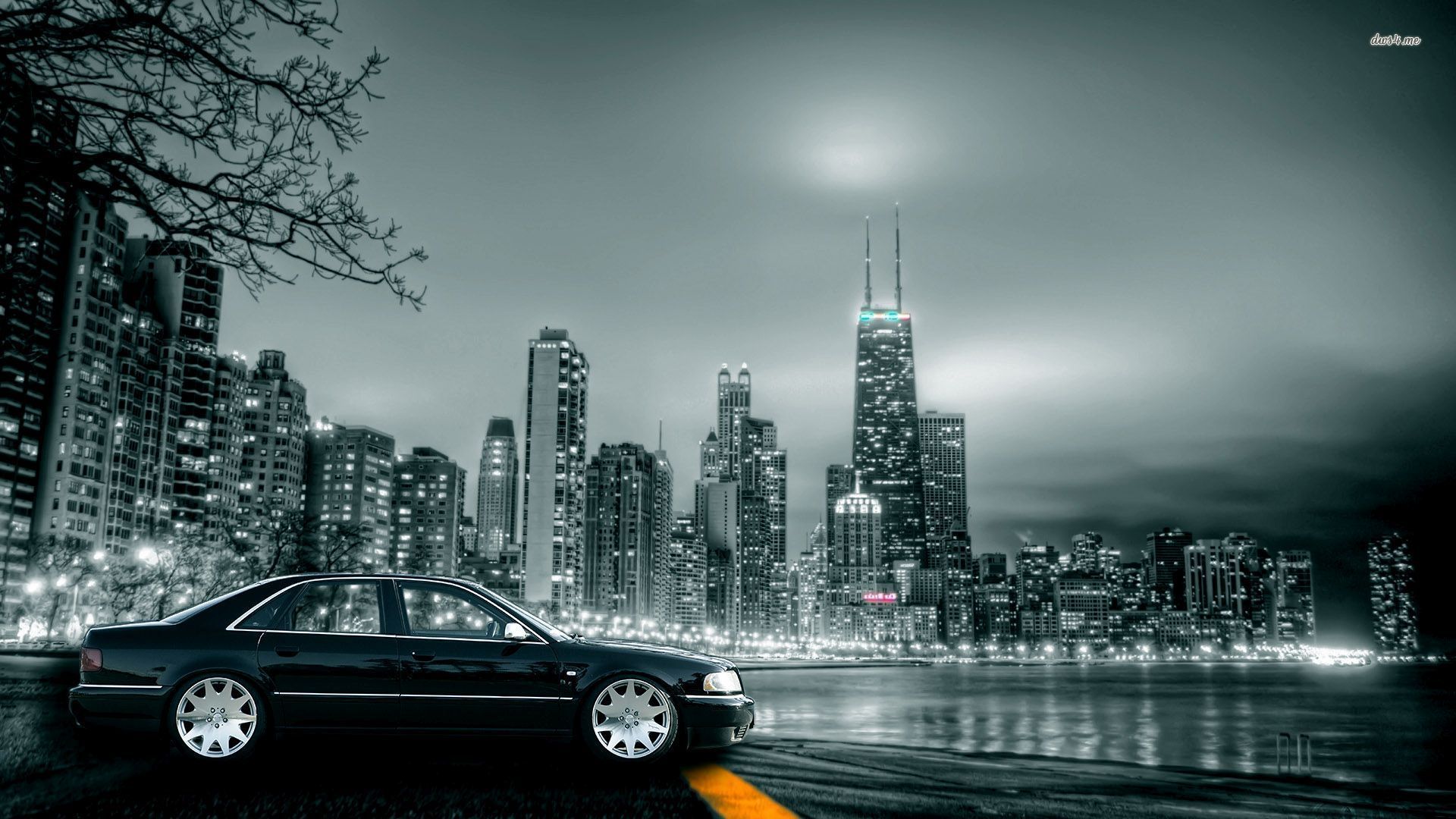 Auto e skyline città bianco nero, 1920x1080 1080p, Laptop