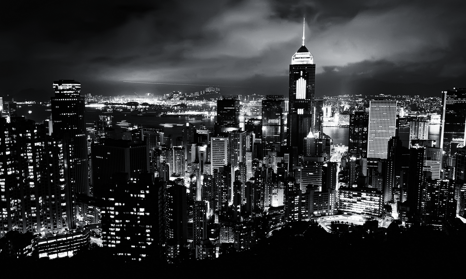 Skyline notturno Hong Kong bianco nero, 1600x960 HD, PC