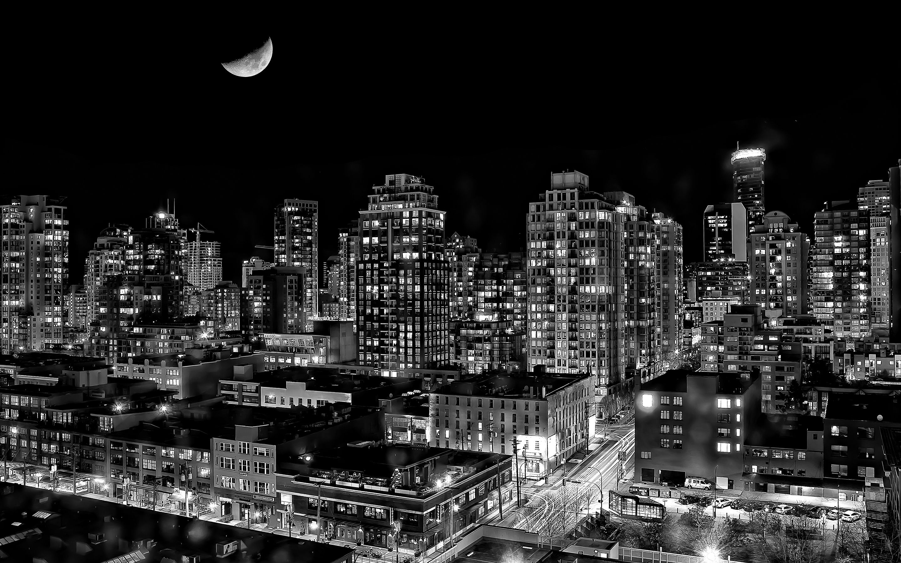 Skyline città notturna con luna, 2880x1800 2K+, Desktop