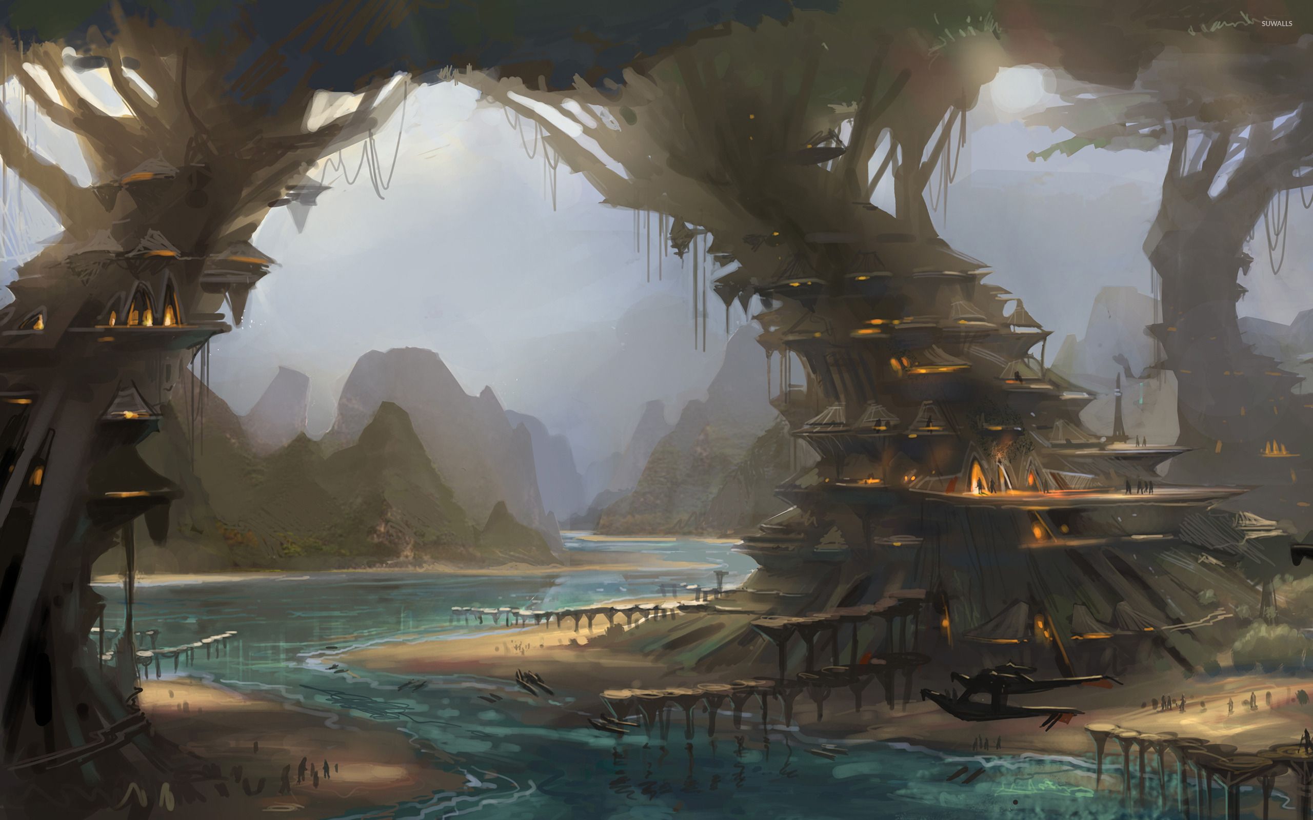 Città fantasy tra alberi gigant, 2560x1600 2K+, Desktop