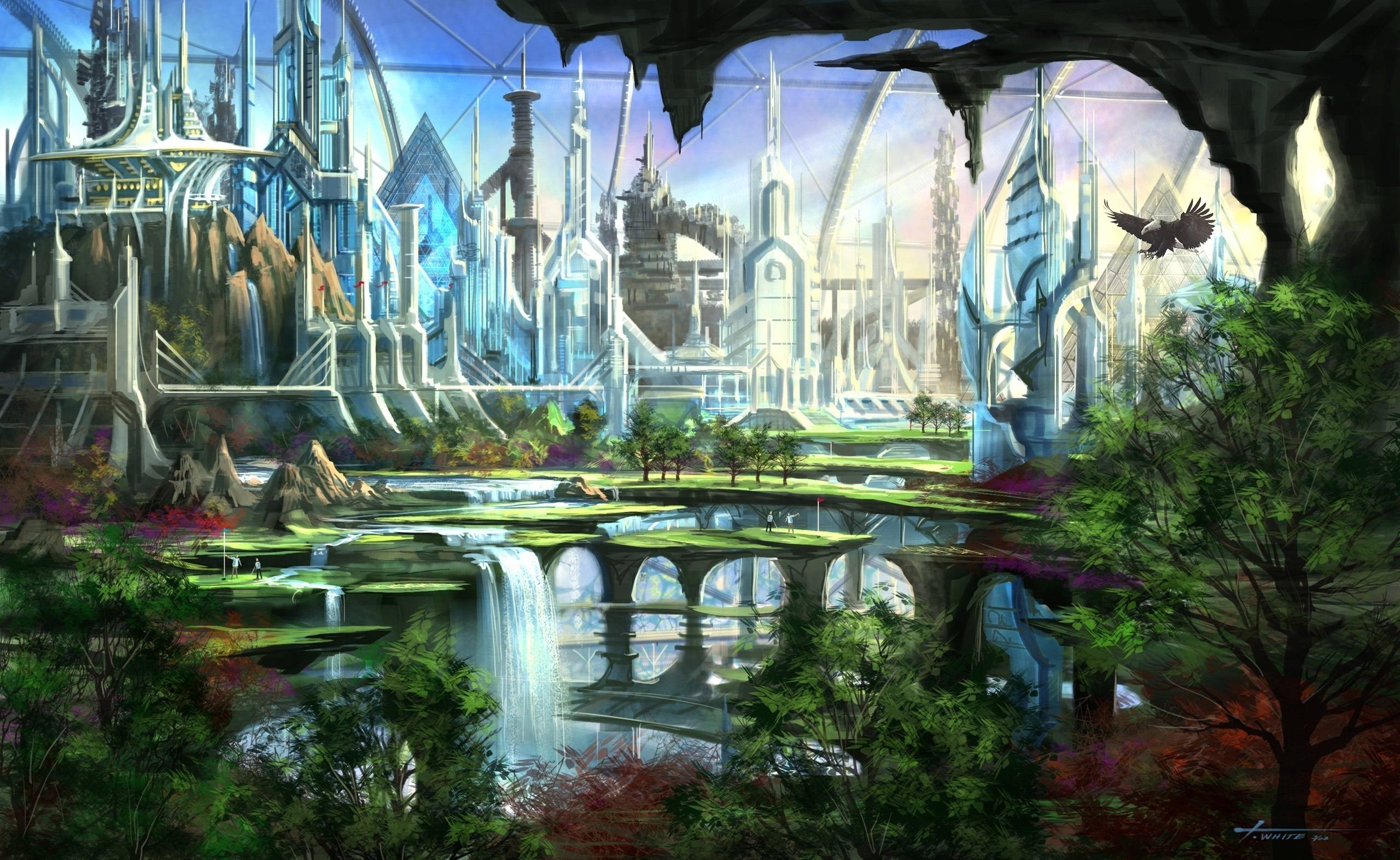 Città fantasy con alberi, 2560x1572 QHD, Laptop