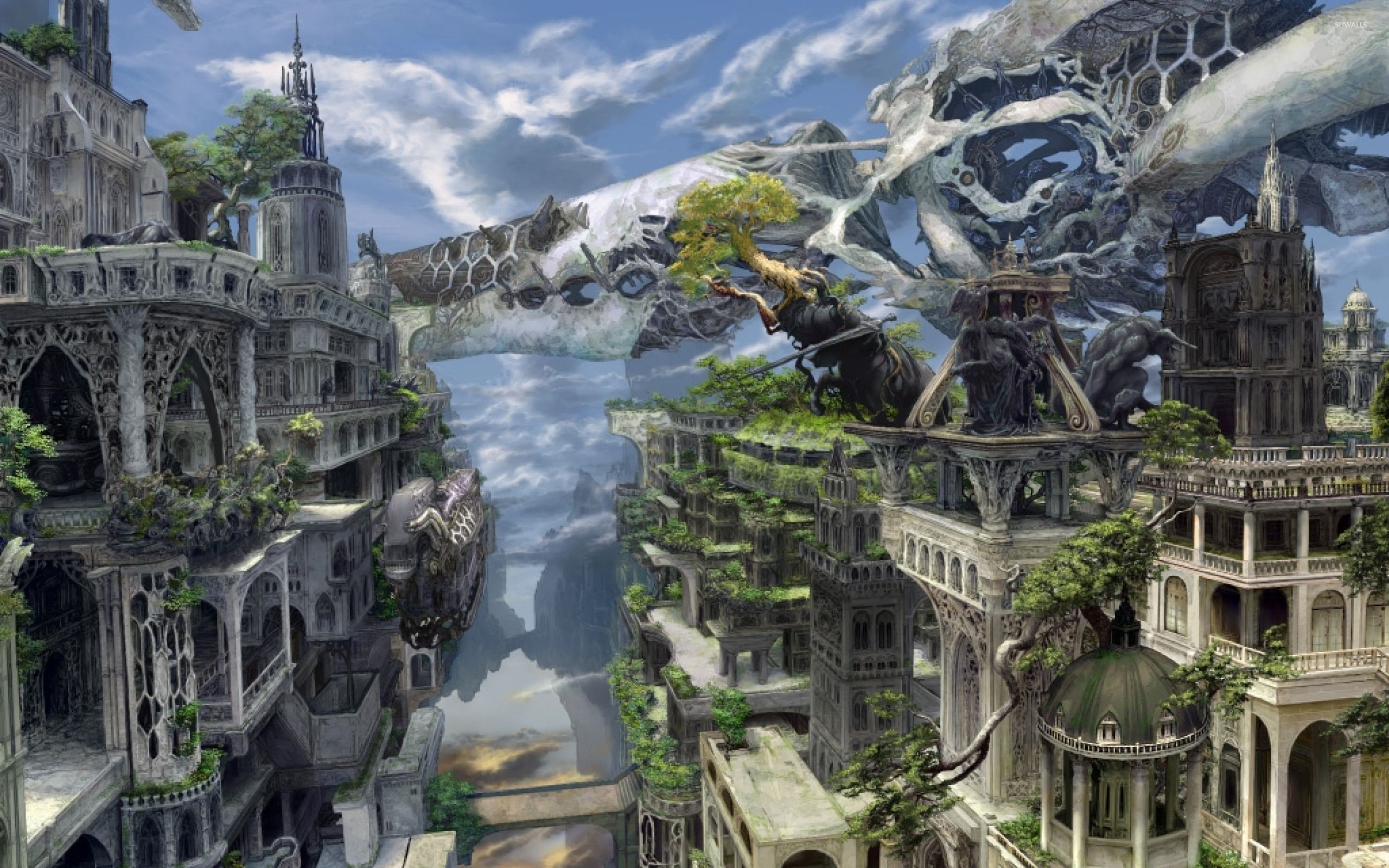 Città fantasy invasa da vegetazione, 2560x1600 2K, Desktop