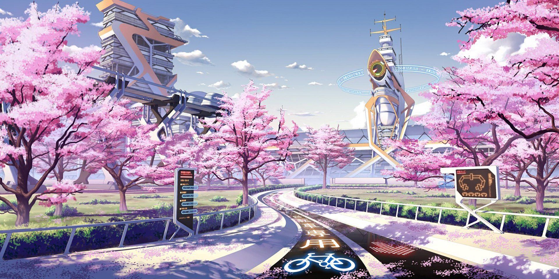 Città futuristica con alberi rosa, 1600x800 HD, Desktop