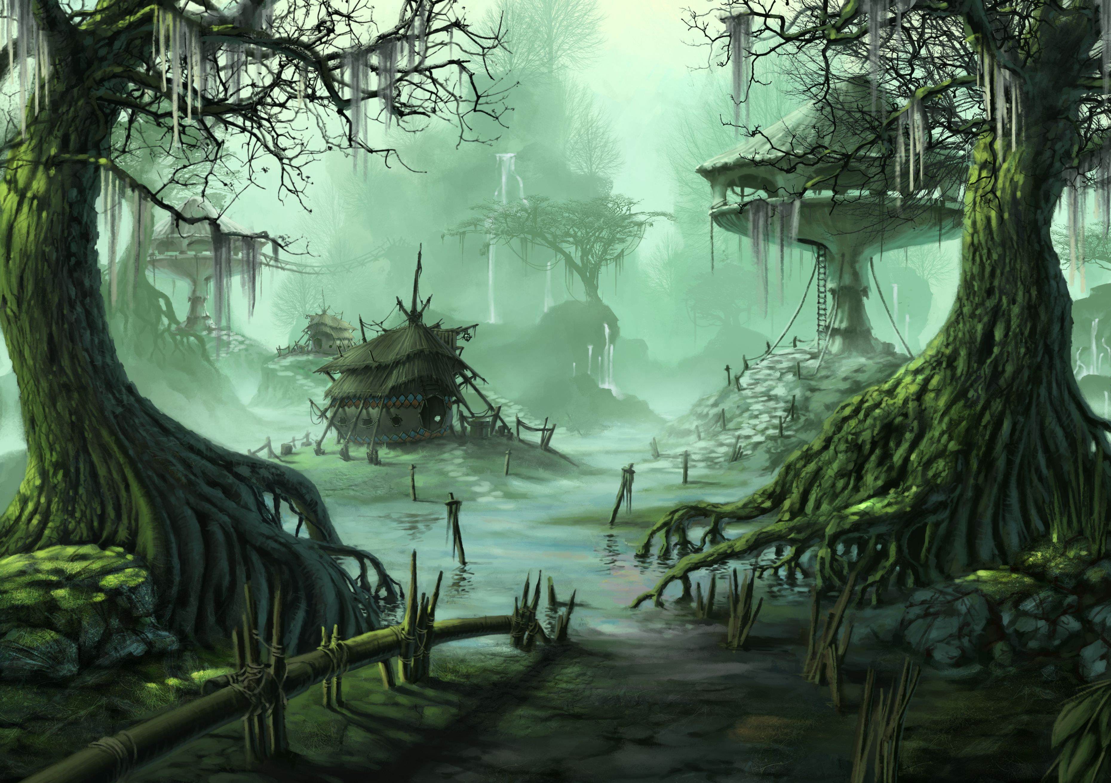 Villaggio fantasy palude alberi, 3720x2622 WQXGA, Laptop