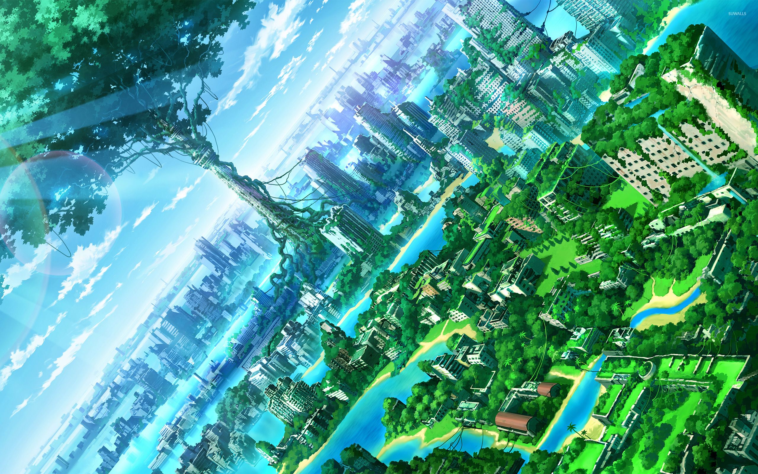 Città verde anime con fiume, 2560x1600 2K+, PC
