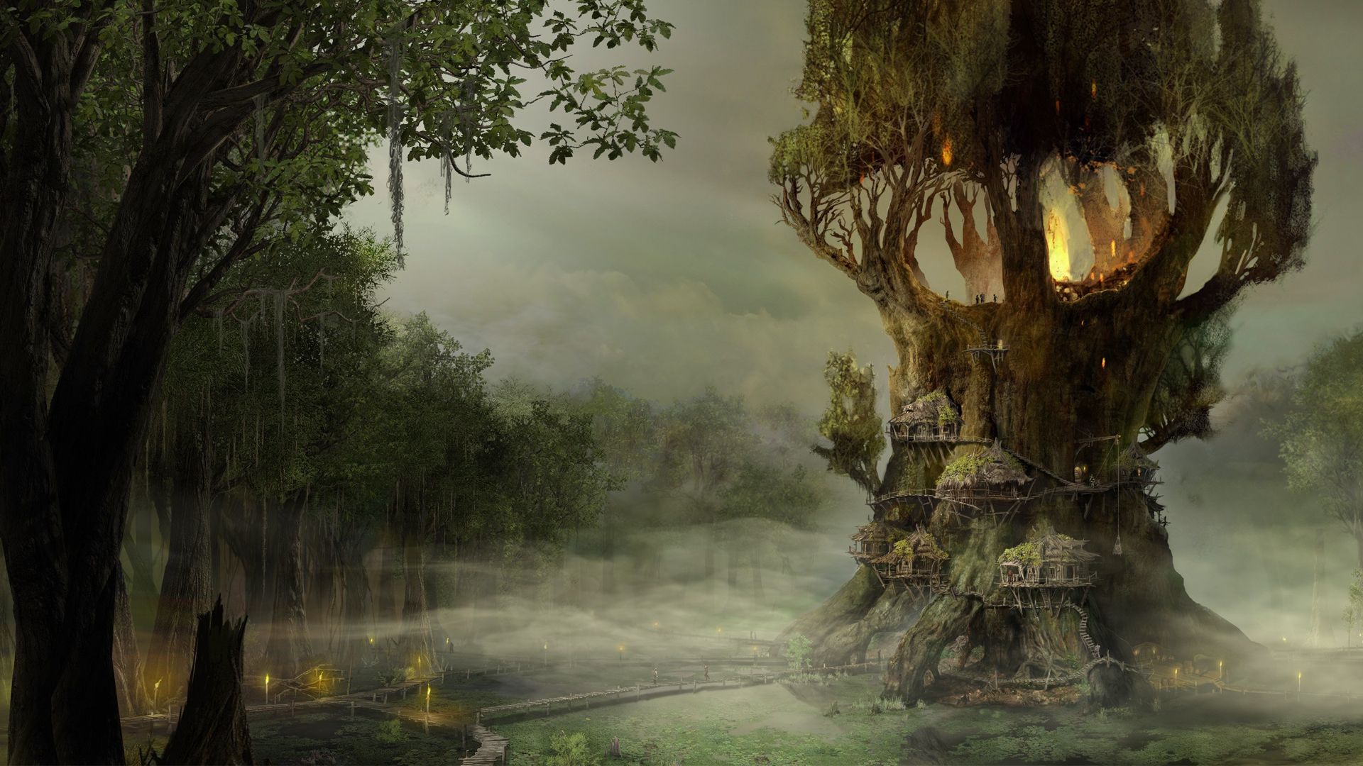 Albero casa città antica fantasy, 1920x1080 Full HD, Laptop