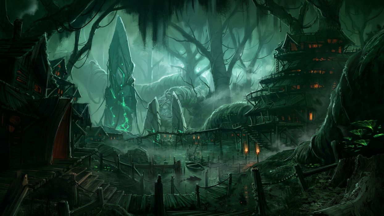 Villaggio fantasy nella foresta oscura, 1245x700 HD, PC