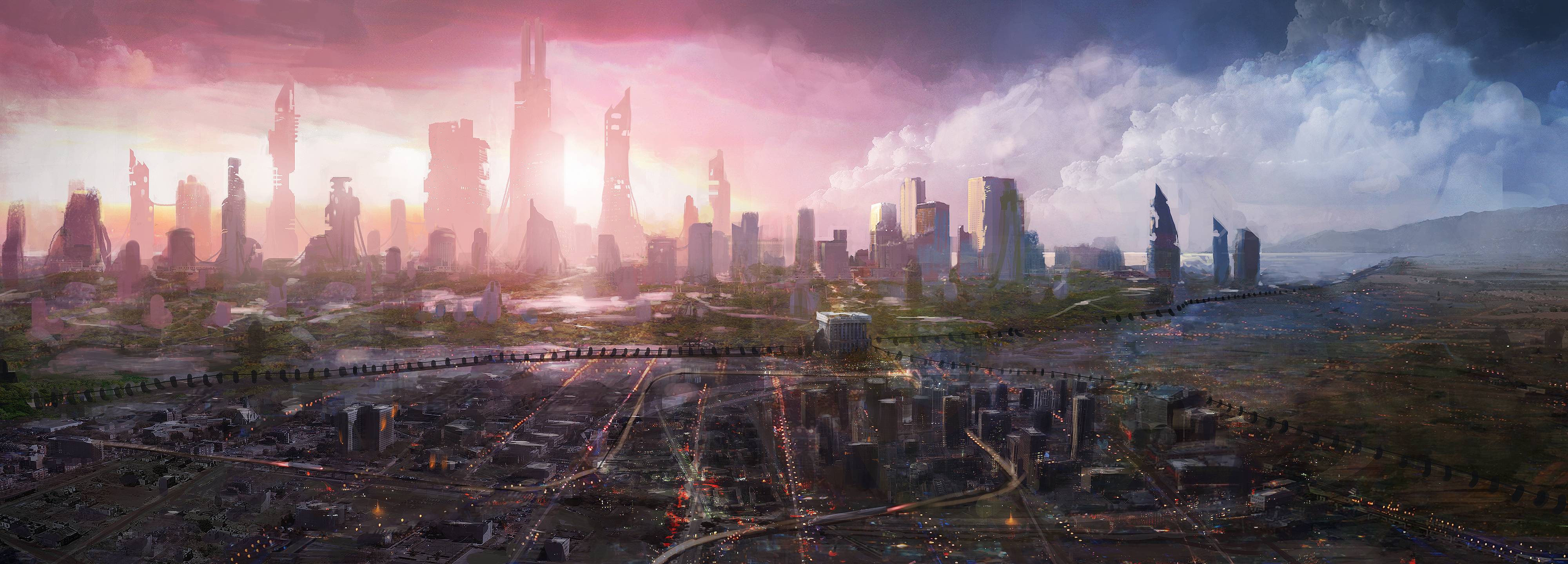 Città futuristica al tramonto, 4000x1440 21:9, Monitor 4K