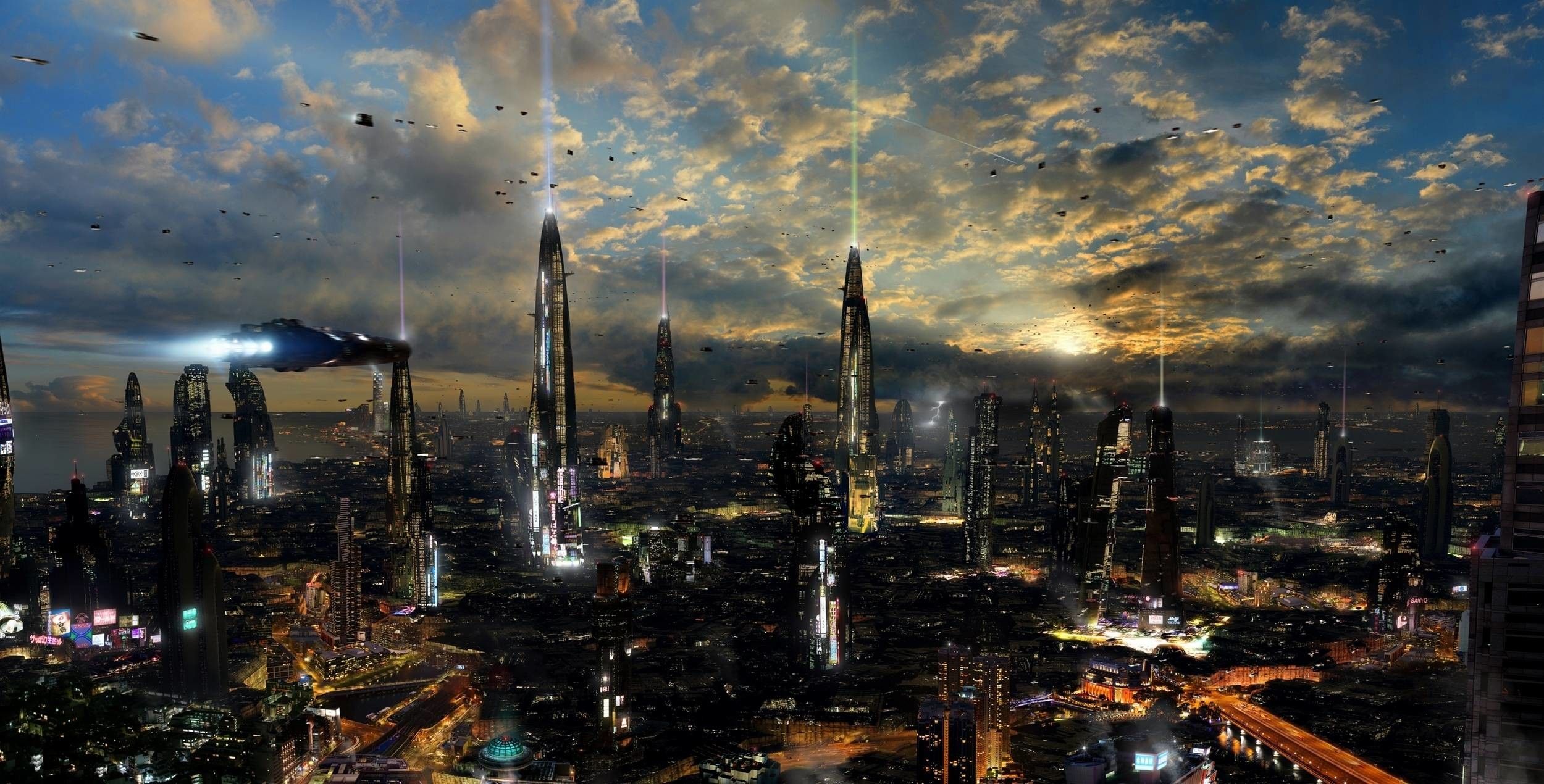 Città futuristica al tramonto, 2500x1270 2K, PC