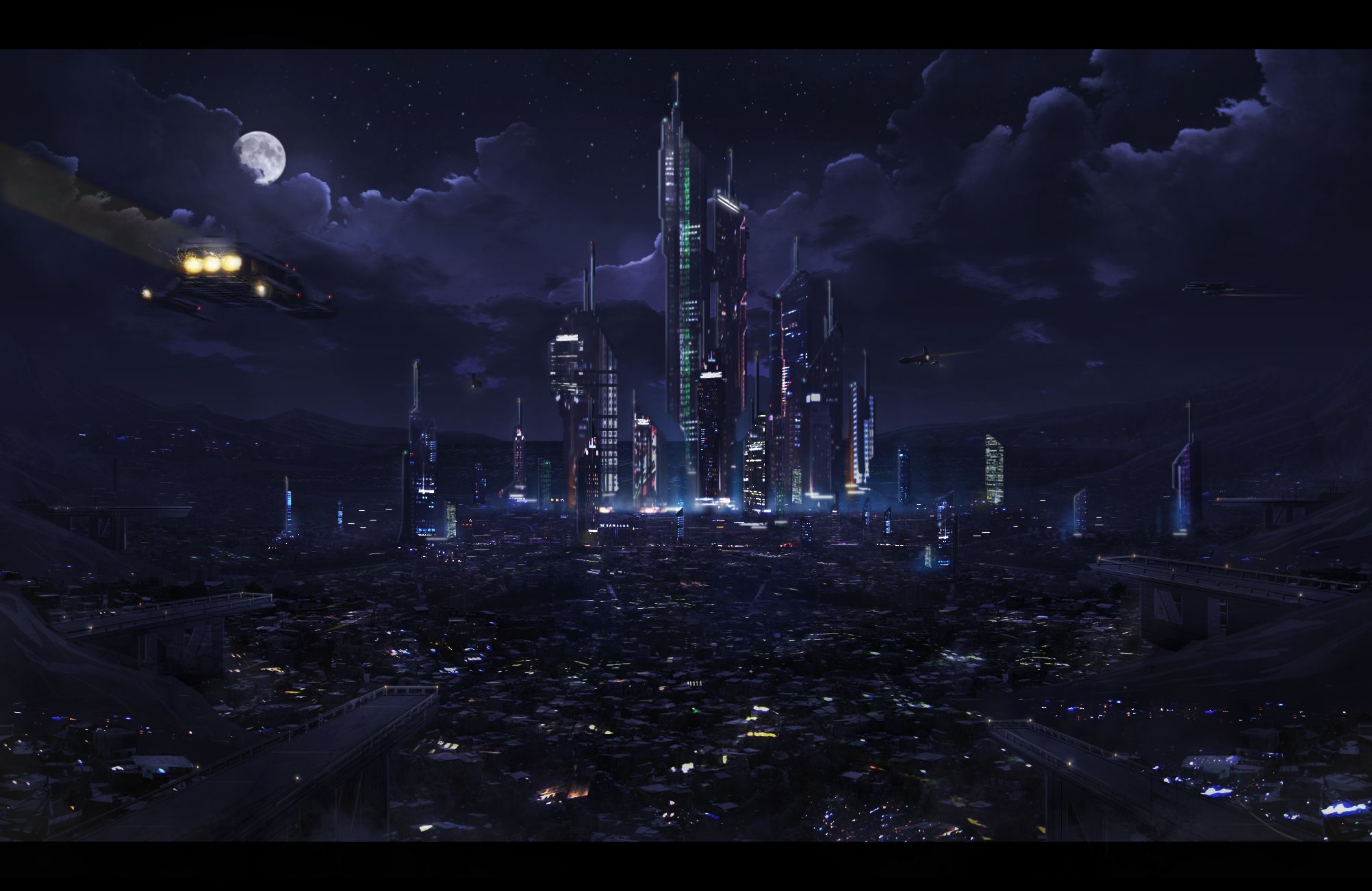 Città futuristica di notte, 2004x1301 Hi-Res, PC Desktop