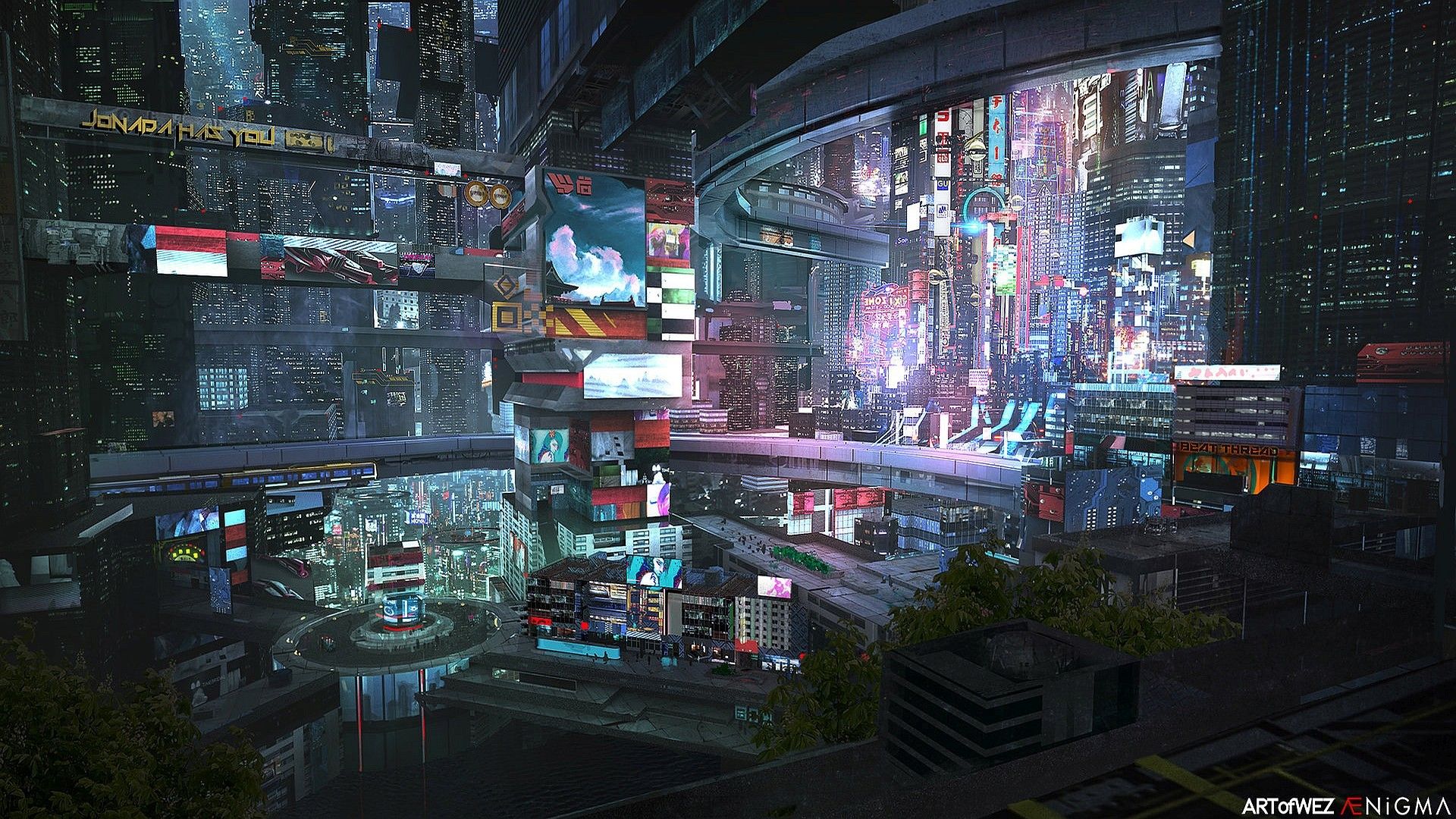 Città futuristica cyberpunk notturna, 1920x1080 Full HD 1080p, Laptop
