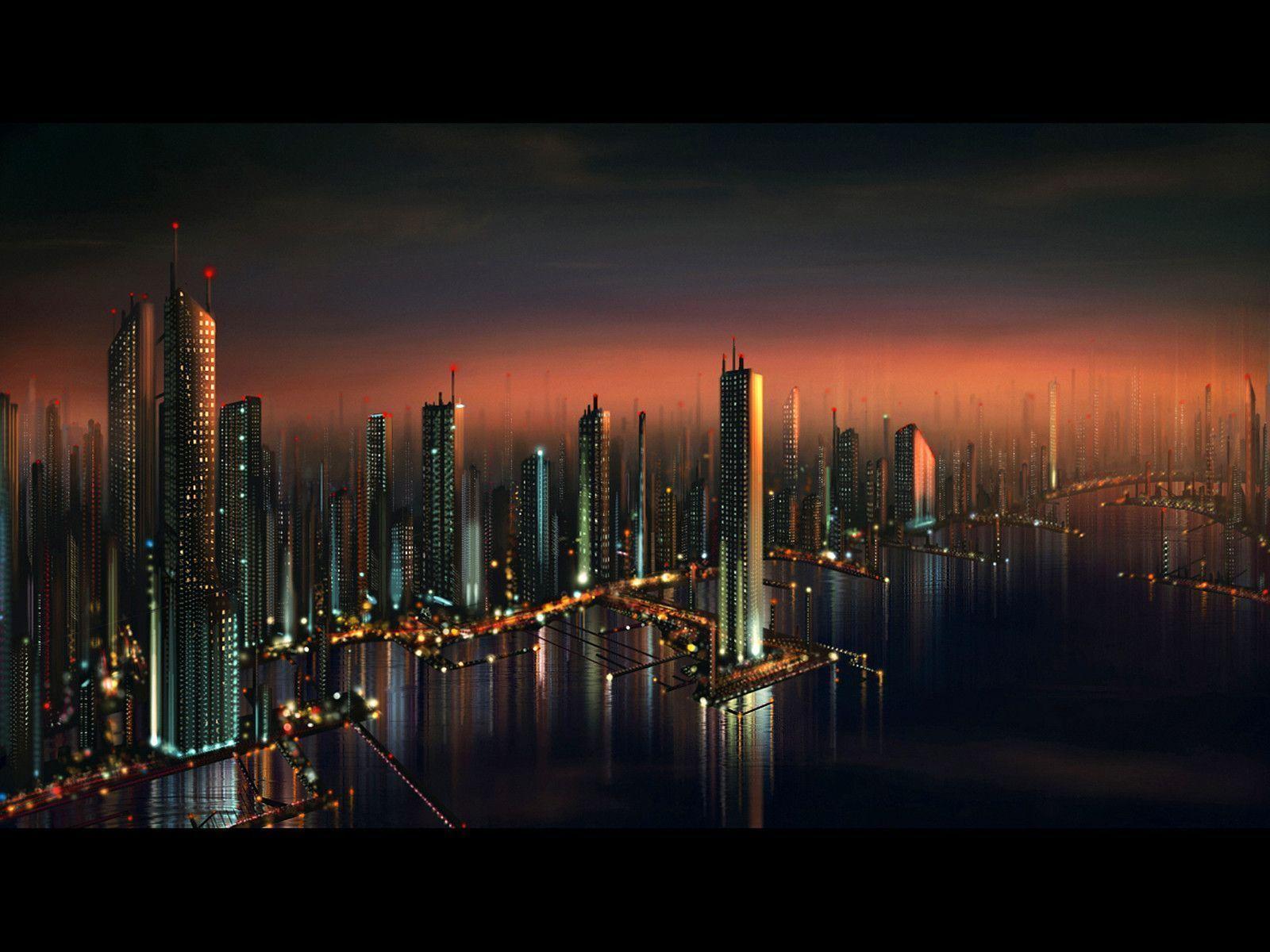 Città futuristica notturna, grattacieli, 1600x1200 HD, Desktop