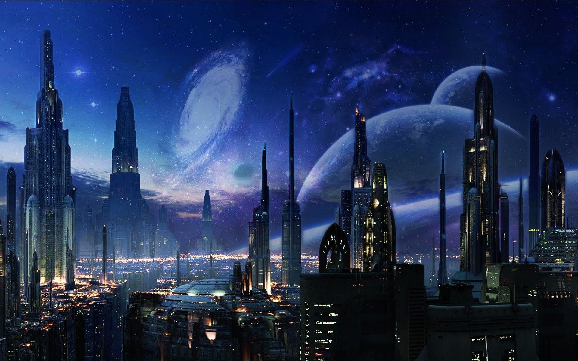 Città futuristica notturna con pianeti, 1920x1200 WUXGA, iMac