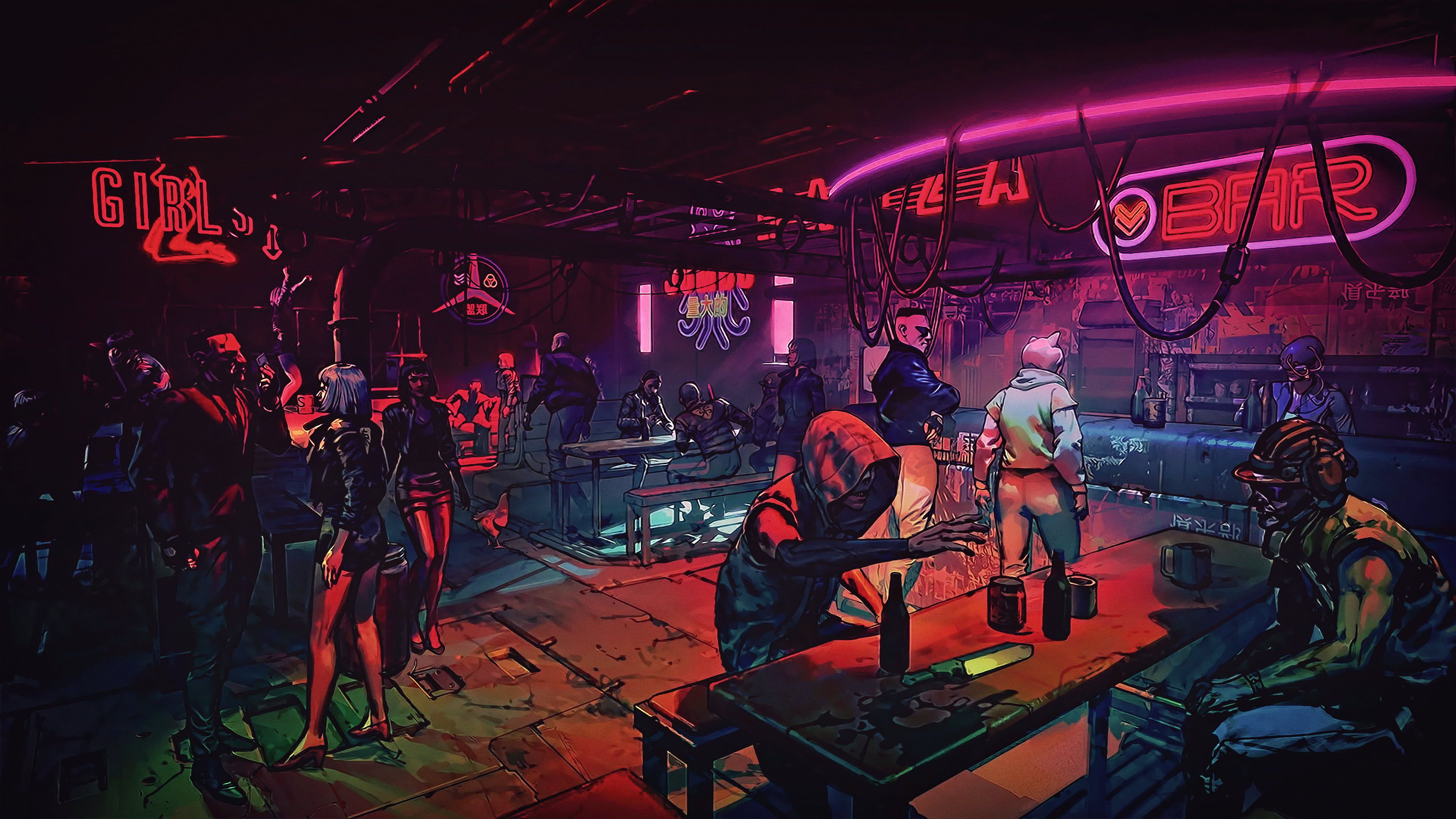 Bar cyberpunk con insegne neon, 3840x2160 4K, Desktop 4K