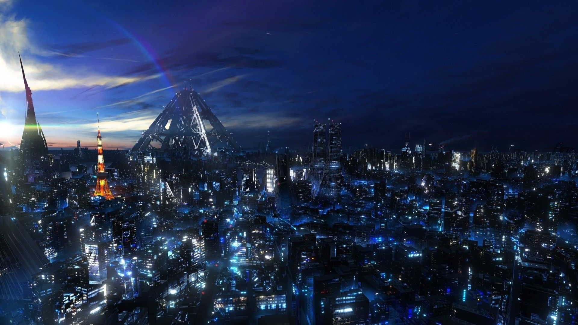 Città futuristica notturna piramide, 1920x1080 Full HD, Laptop