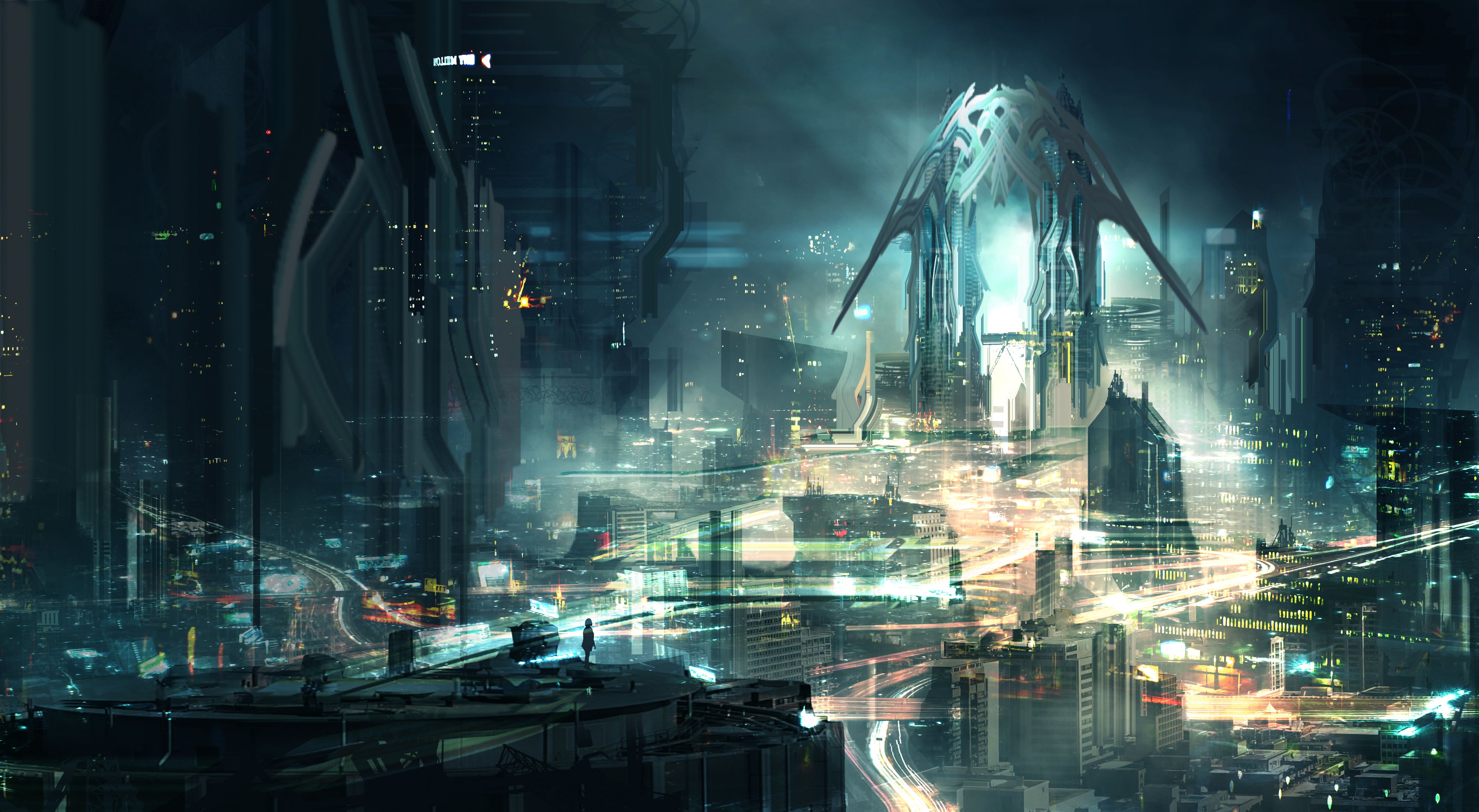 Città futuristica notturna con astronave, 4260x2339 4K, Smart TV 4K