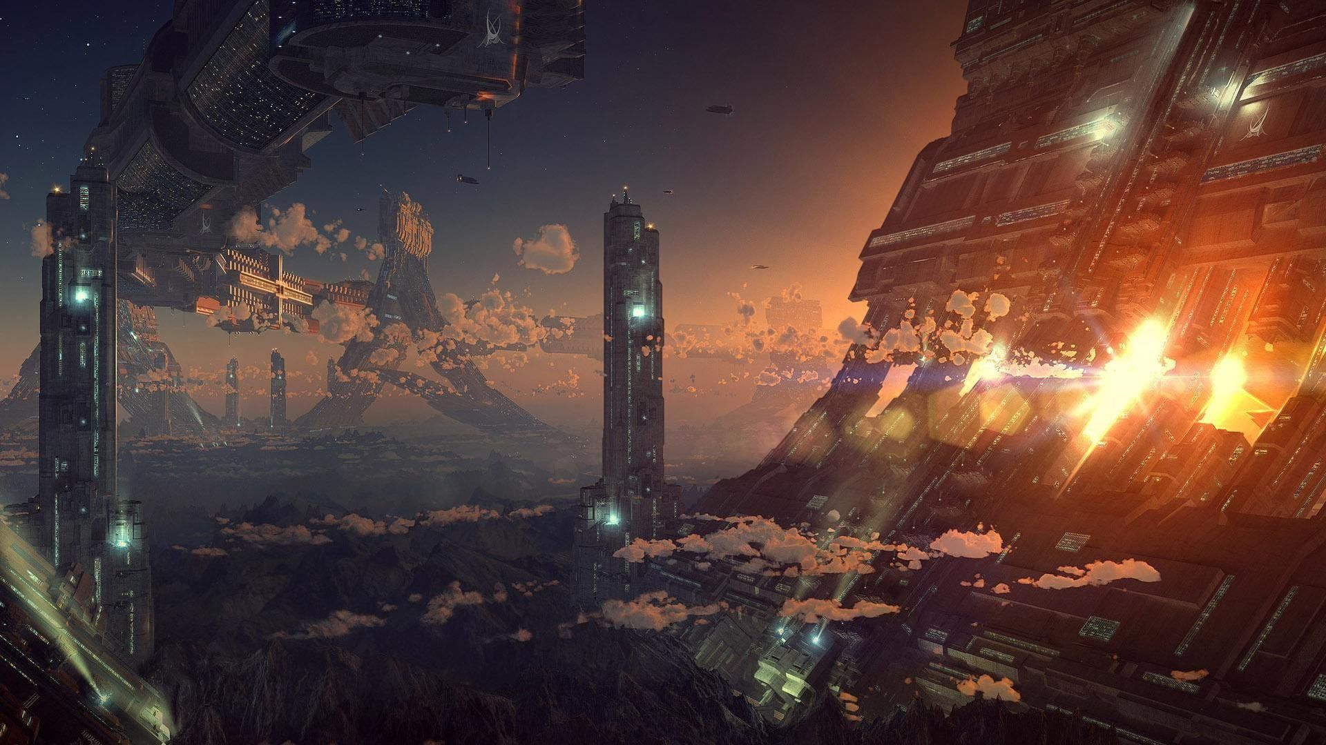 Città futuristica al tramonto, 1920x1080 Full HD, PC