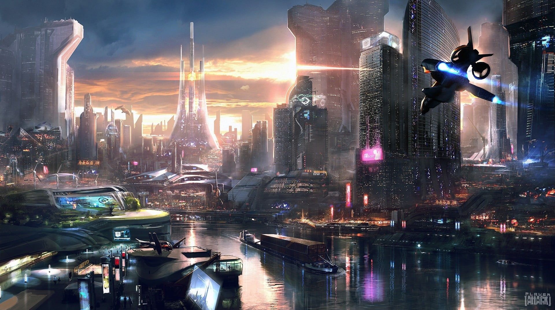 Città futuristica al tramonto con astronave, 1920x1073 Full HD 1080p, PC