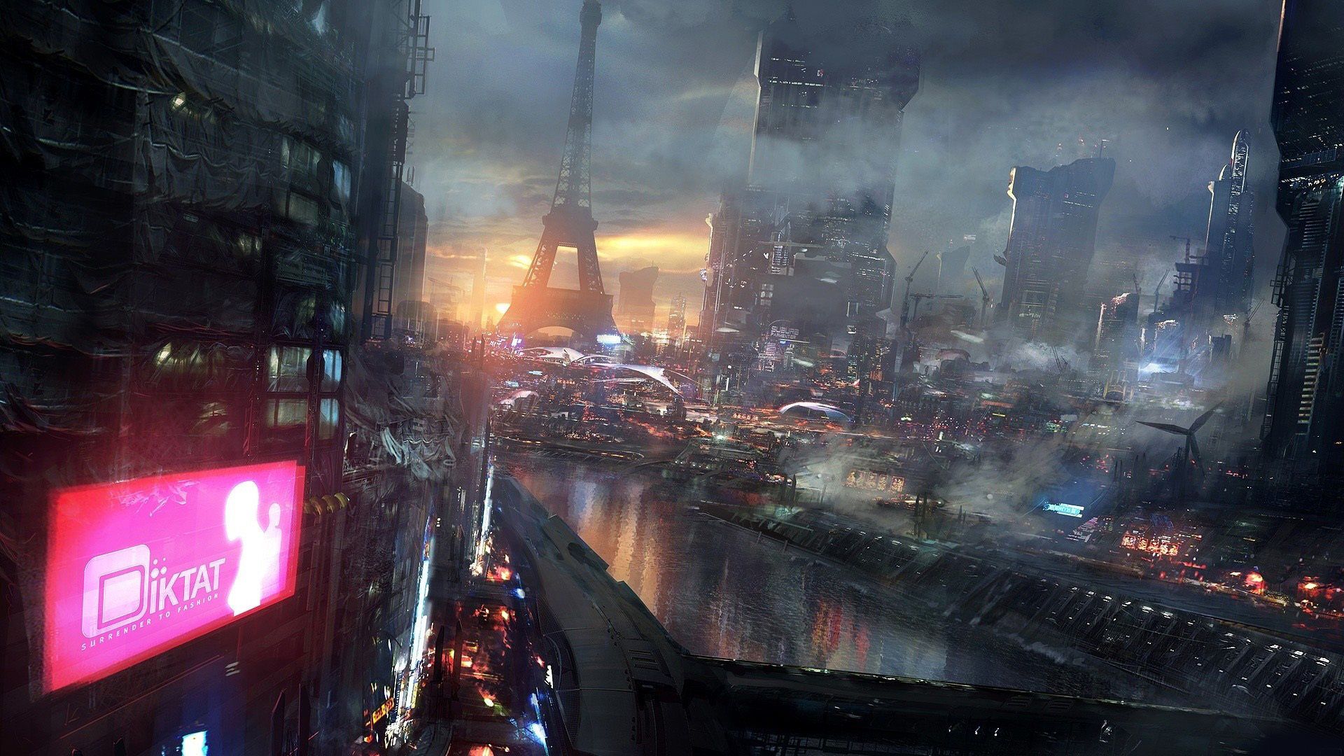 Città futuristica notturna con torre, 1920x1080 1080p, PC