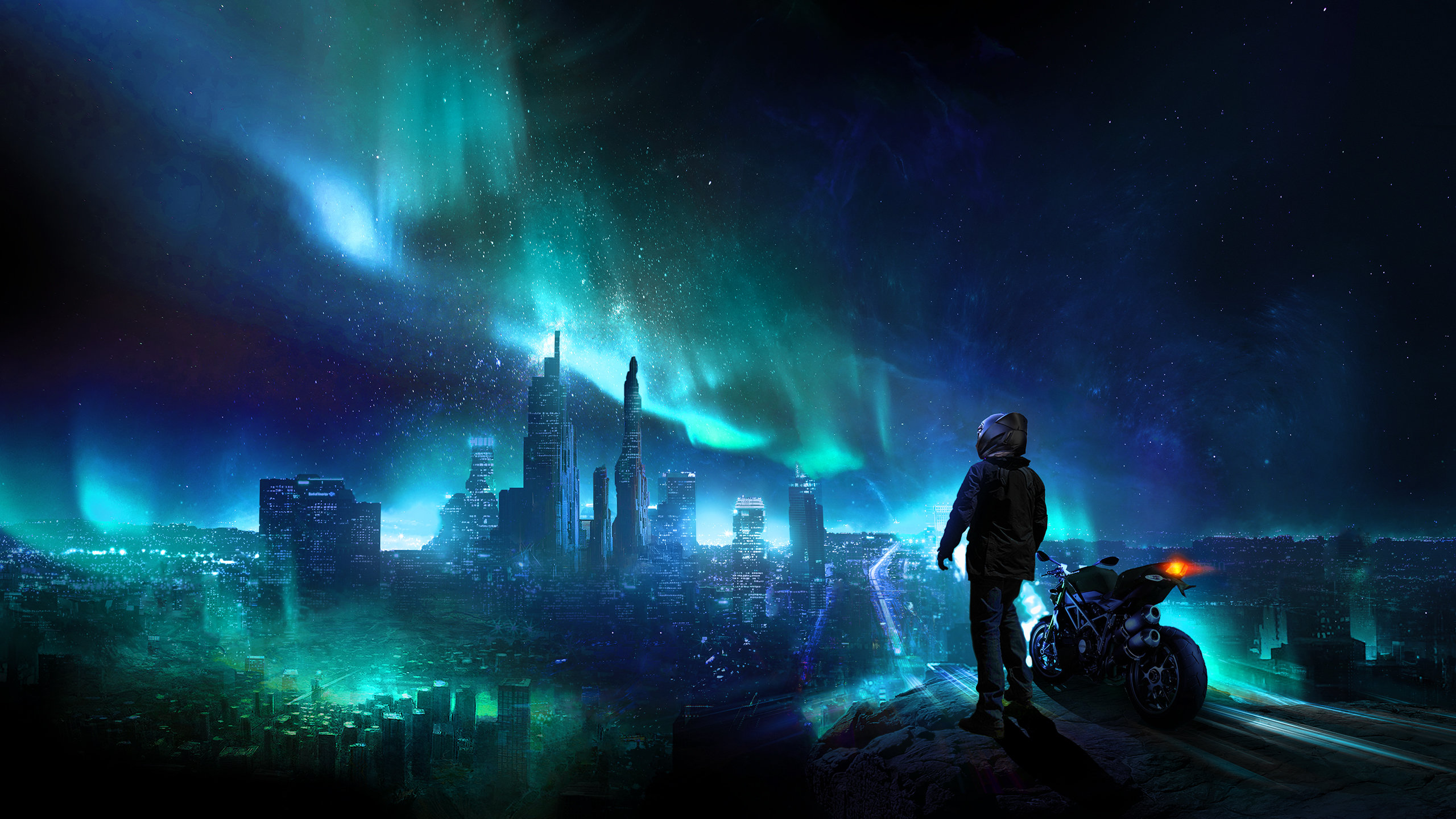 Città futuristica notturna aurora, 2560x1440 1440p, Desktop