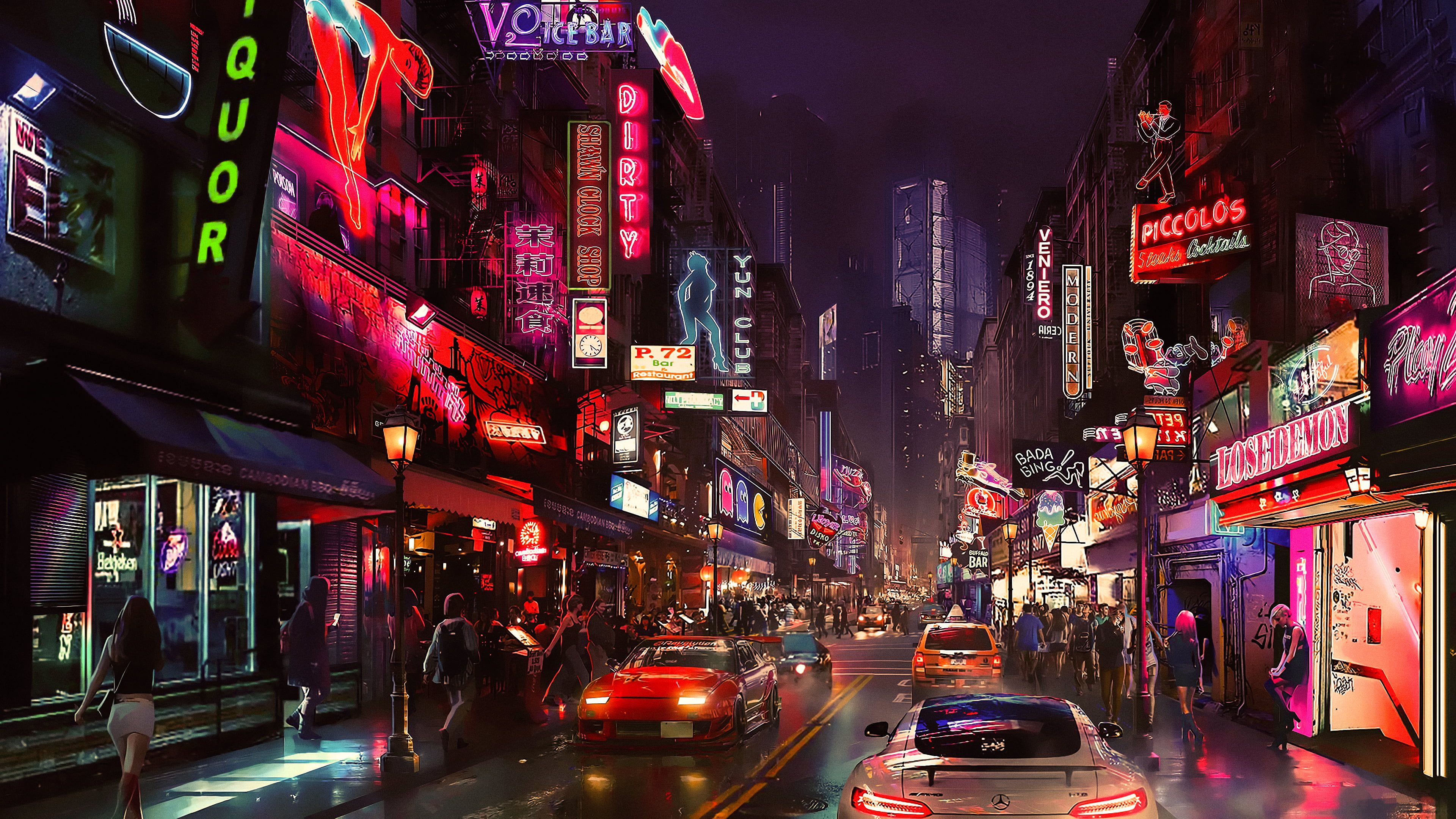 Città cyberpunk notturna con insegne neon, 3840x2160 UHD, Monitor 4K