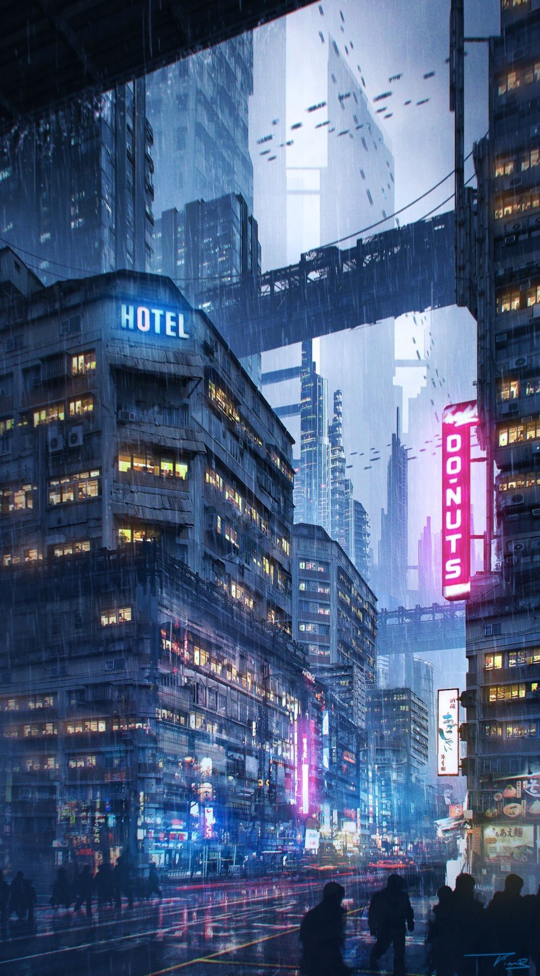 Città cyberpunk notturna piovosa, 1063x1920 Verticale, Mobile