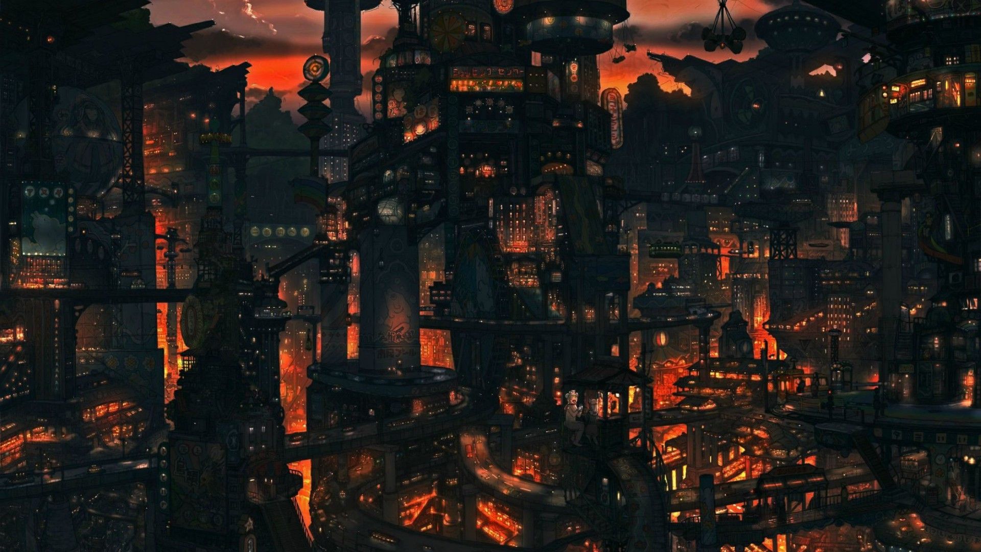 Città futuristica notturna arancione, 1920x1080 Full HD, Desktop