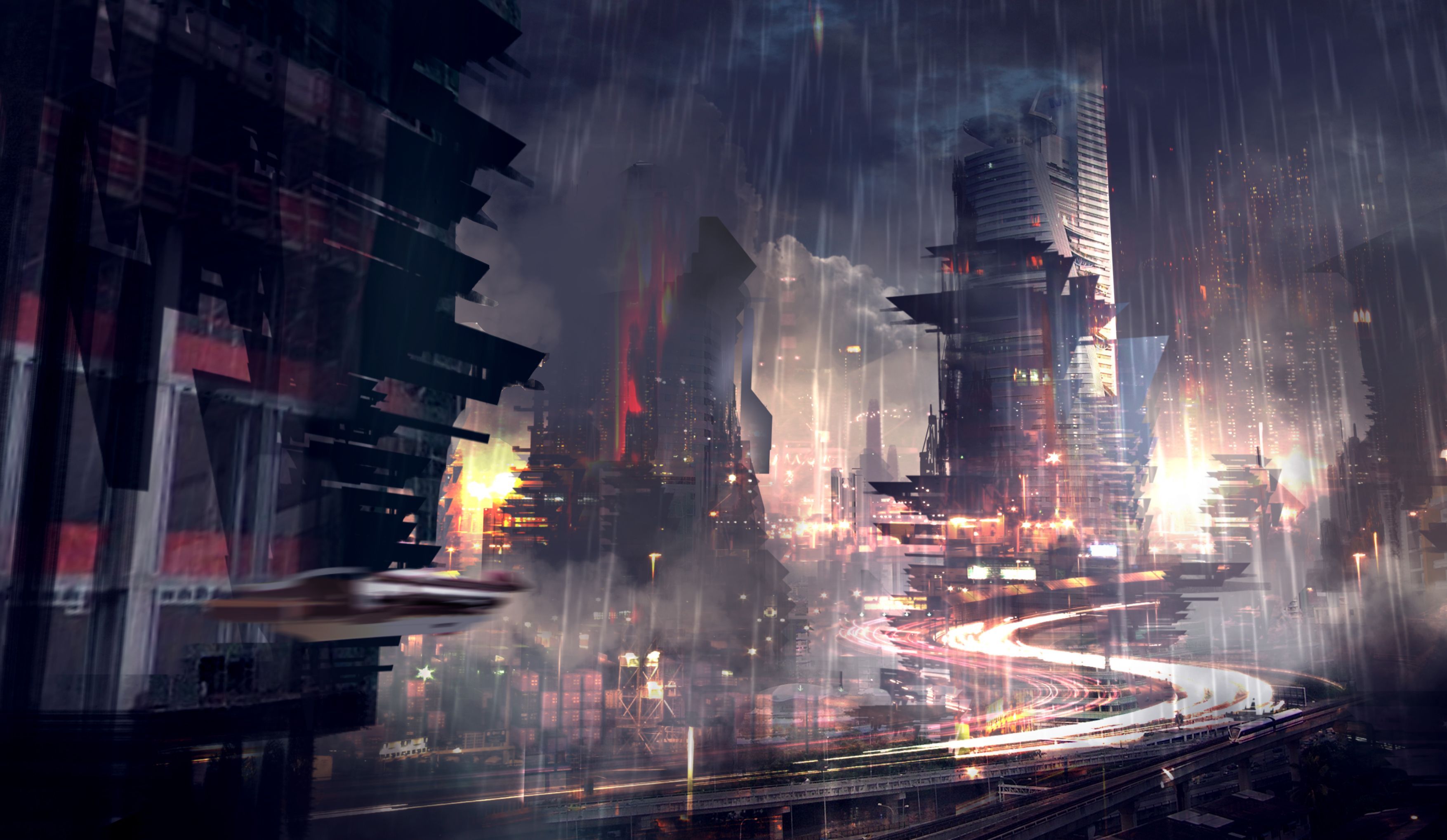 Città futuristica notturna sotto pioggia, 3508x2036 2K, Desktop