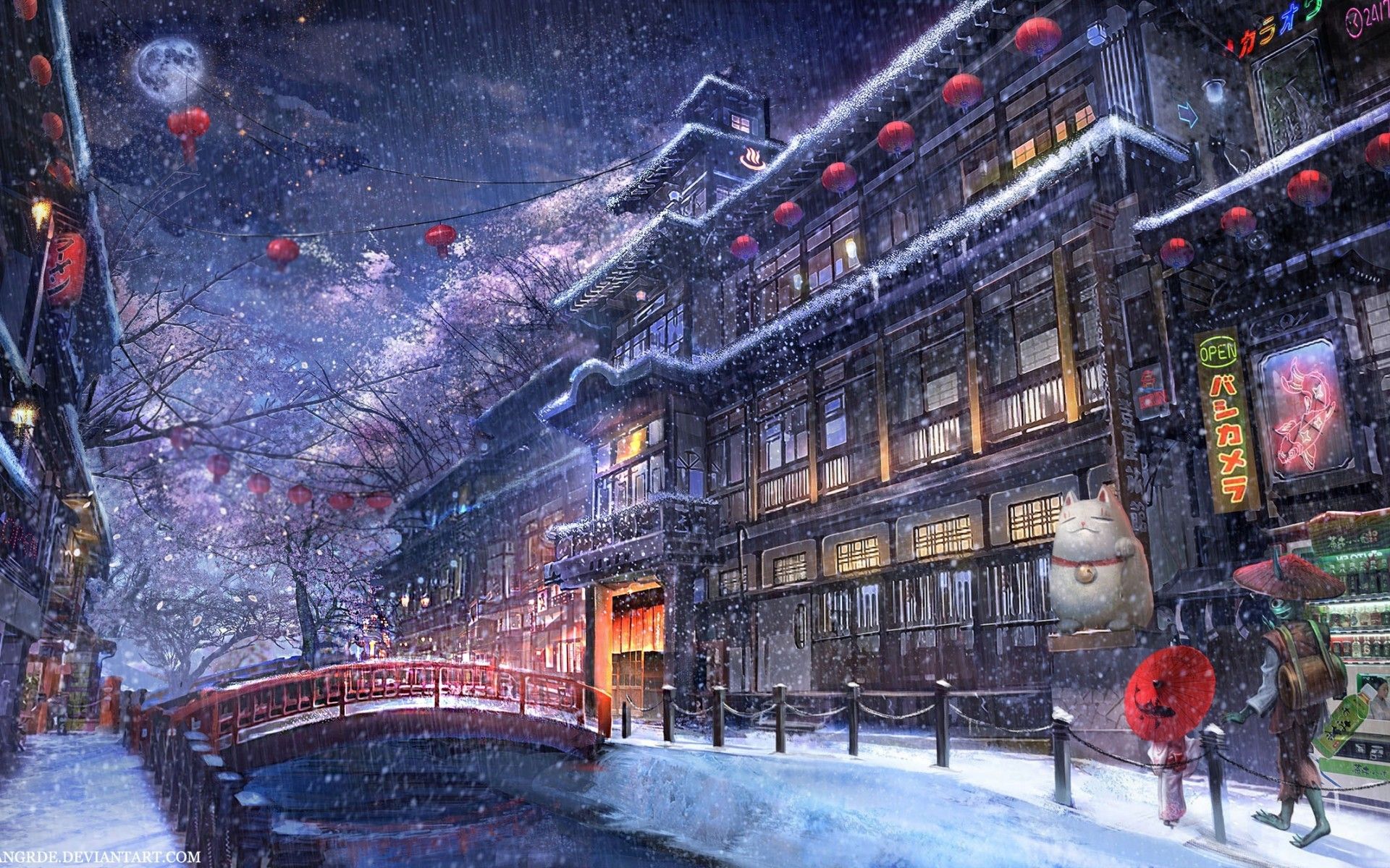 Città giapponese innevata notturna, 1920x1200 Full HD+, PC Desktop