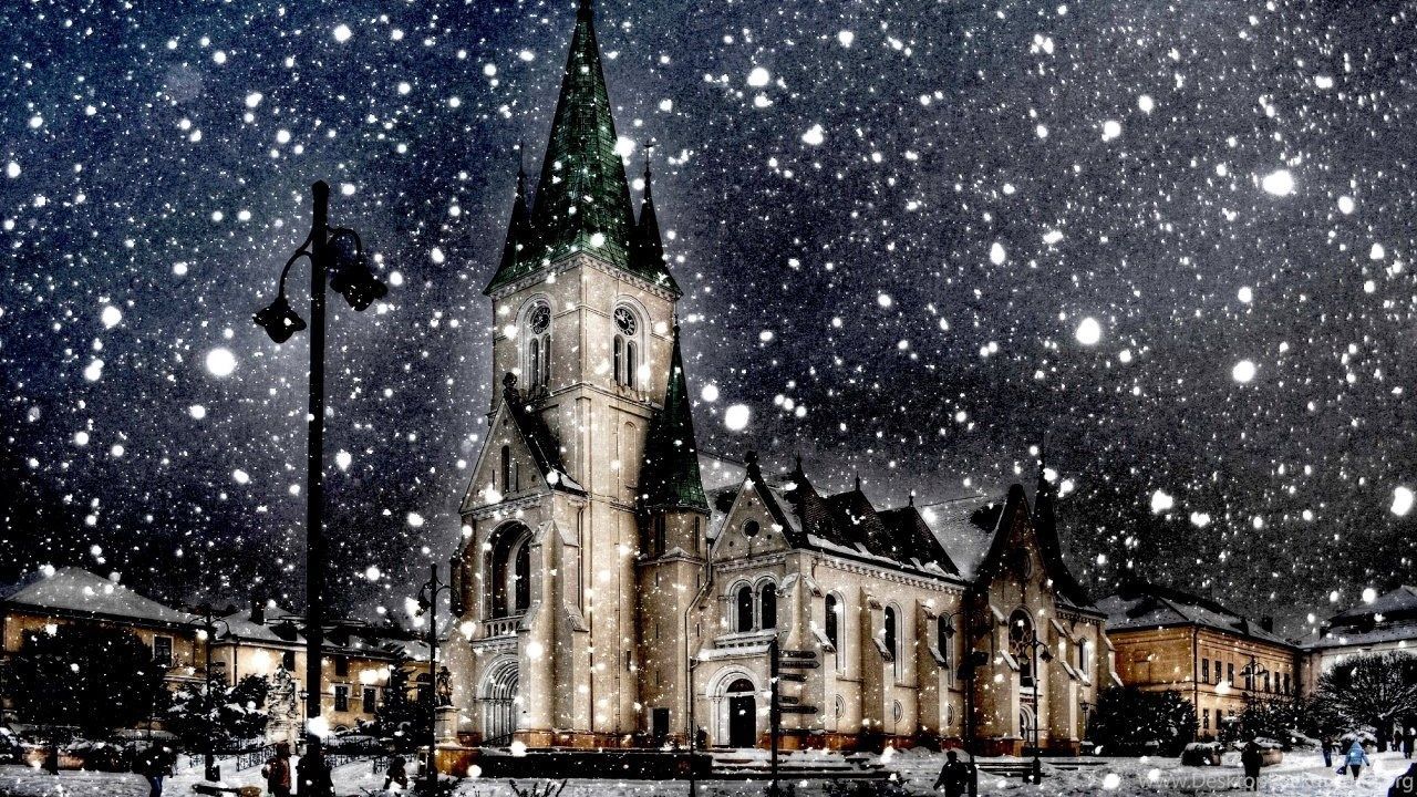 Chiesa gotica sotto neve notturna, 1280x720 HD, Desktop