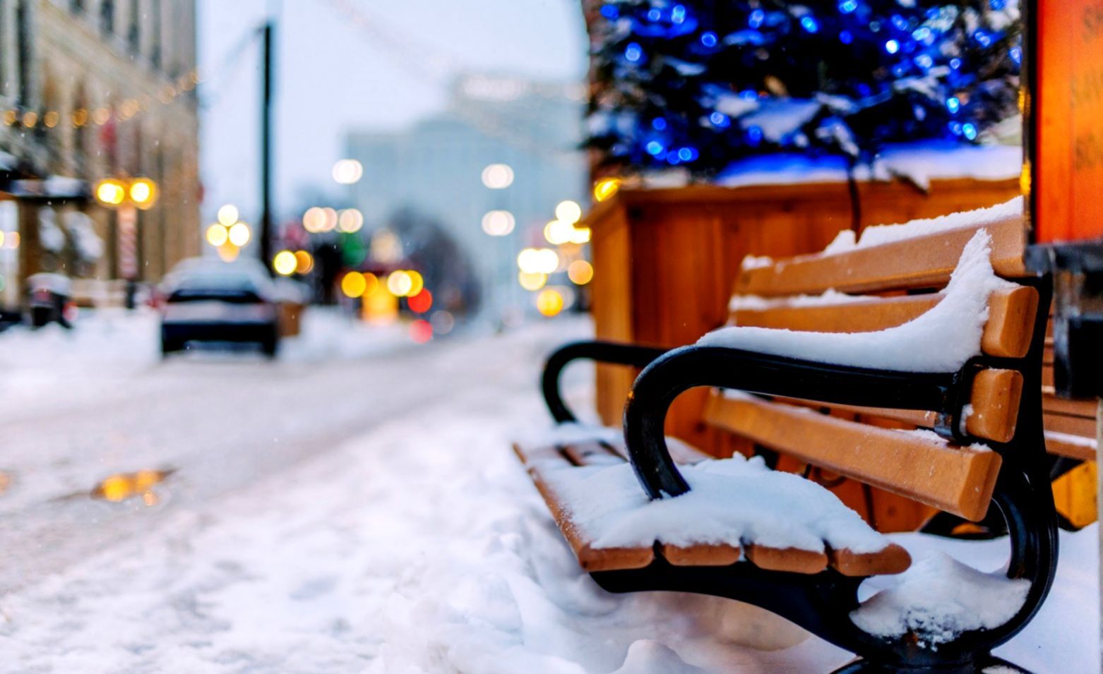 Panchina innevata in città, 1562x955 720p, PC